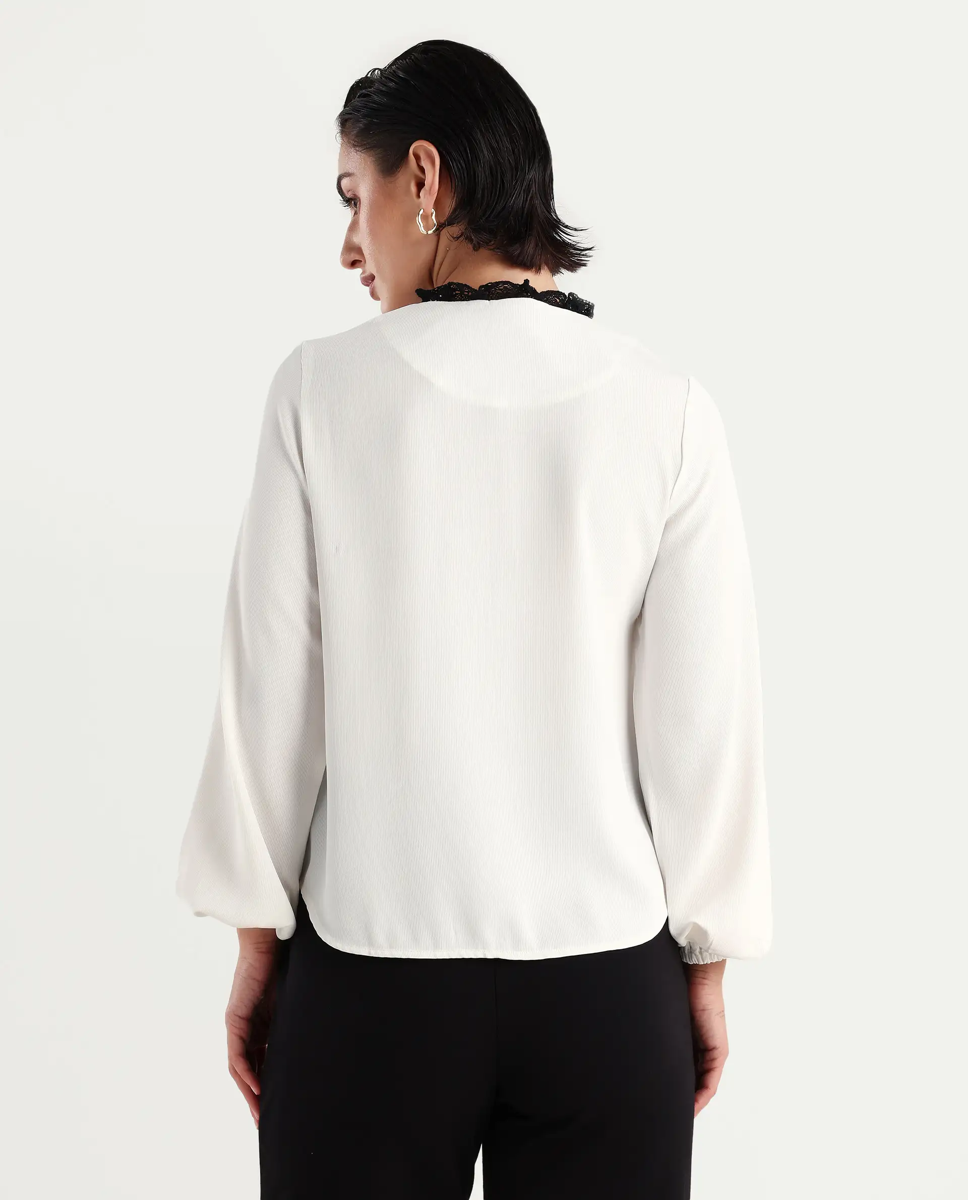 Rareism Women's Ubik White Polyester Blend Crew Neck Plain Bishop Sleeve Regular Fit Top - Image 6