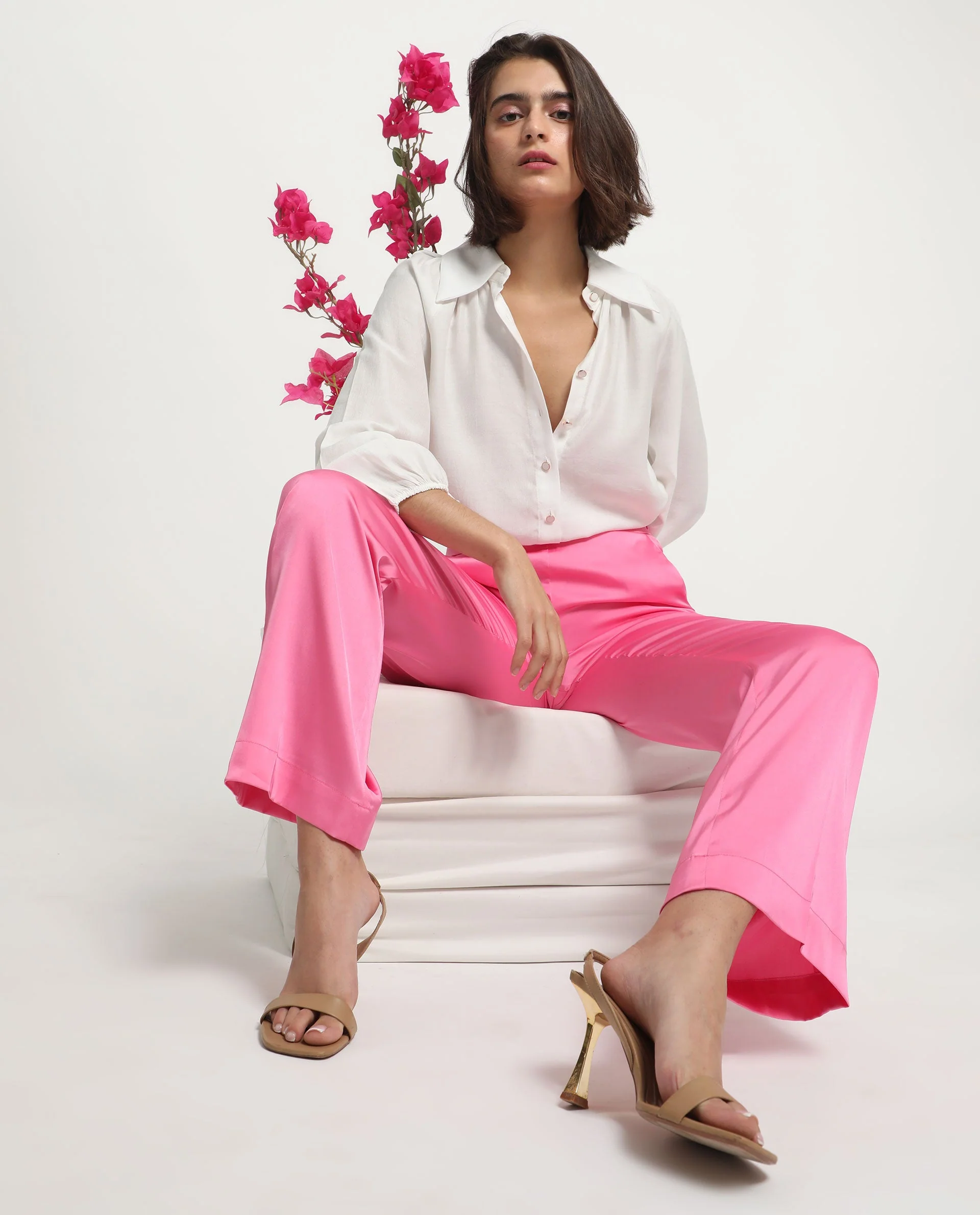 Rareism Women's Ucher Pink Polyester Plain Ankle Length Relaxed Fit Trouser
