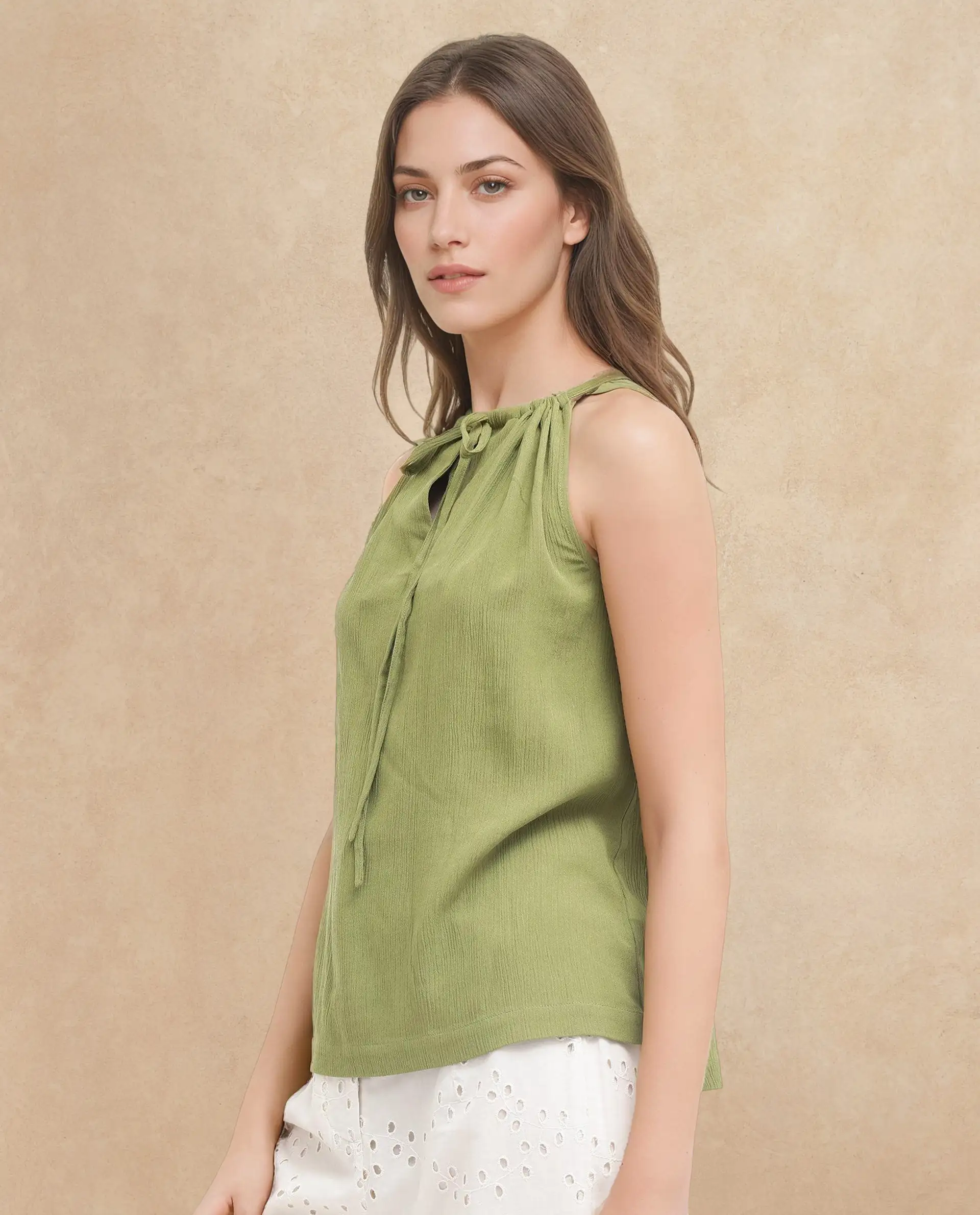 Rareism Women's Udine Green Rayon Halter Neck Plain Sleeveless Regular Fit Top - Image 3