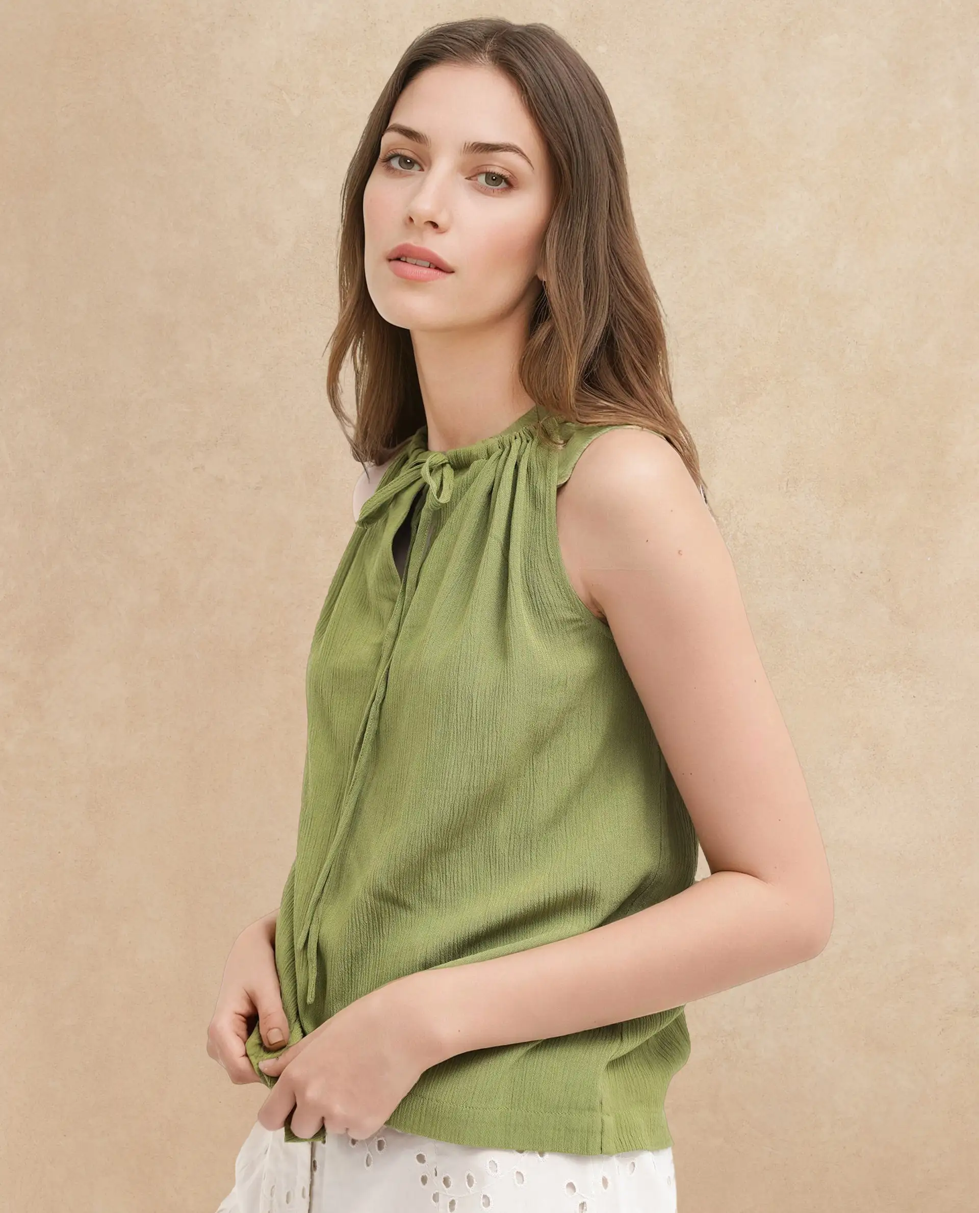 Rareism Women's Udine Green Rayon Halter Neck Plain Sleeveless Regular Fit Top - Image 4