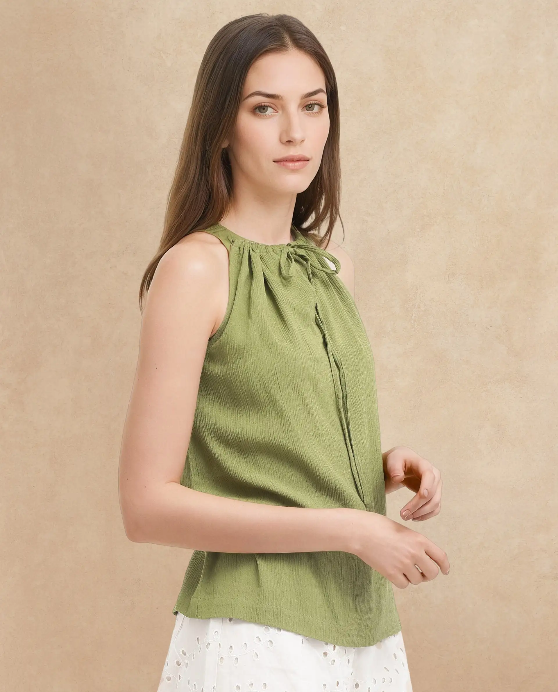 Rareism Women's Udine Green Rayon Halter Neck Plain Sleeveless Regular Fit Top - Image 5