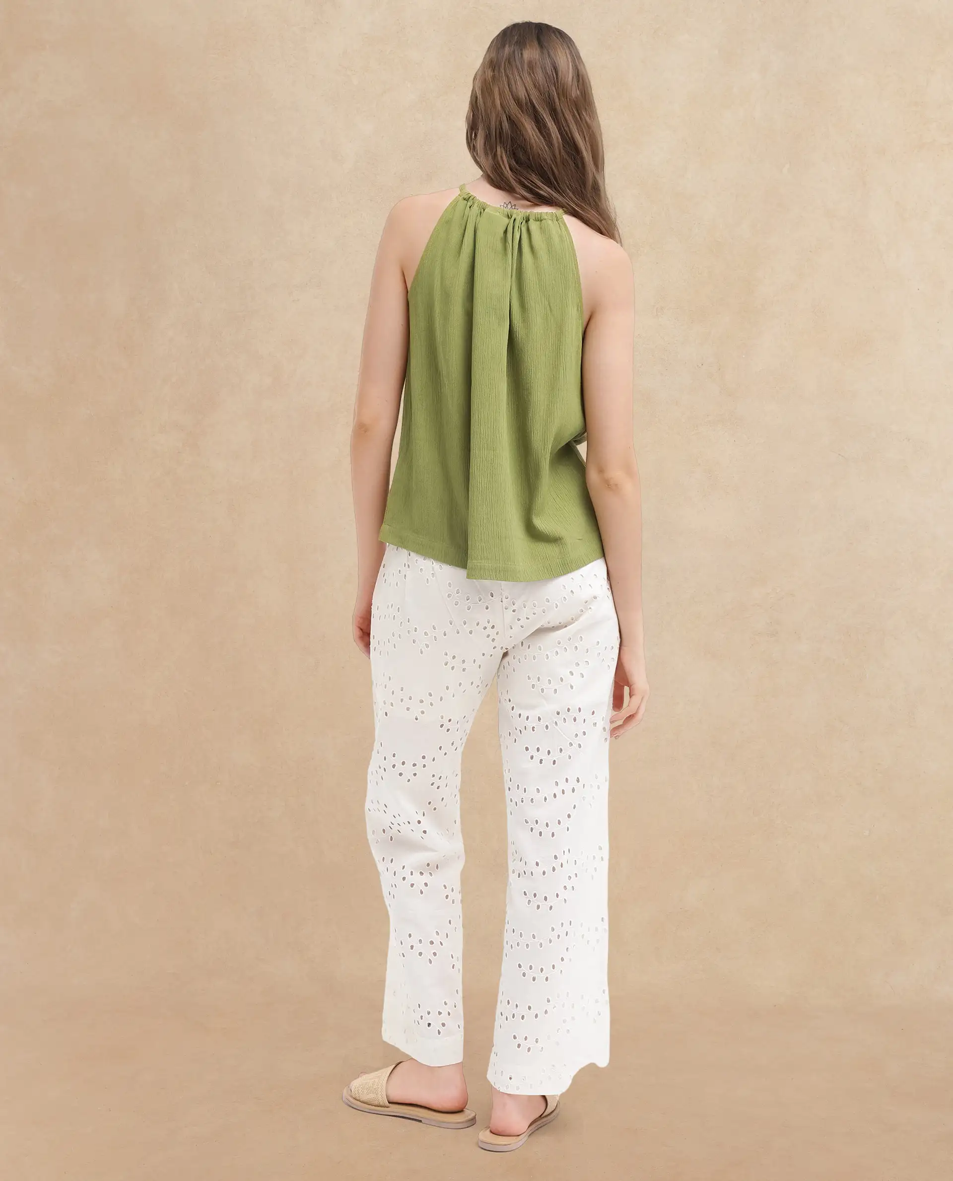 Rareism Women's Udine Green Rayon Halter Neck Plain Sleeveless Regular Fit Top - Image 7