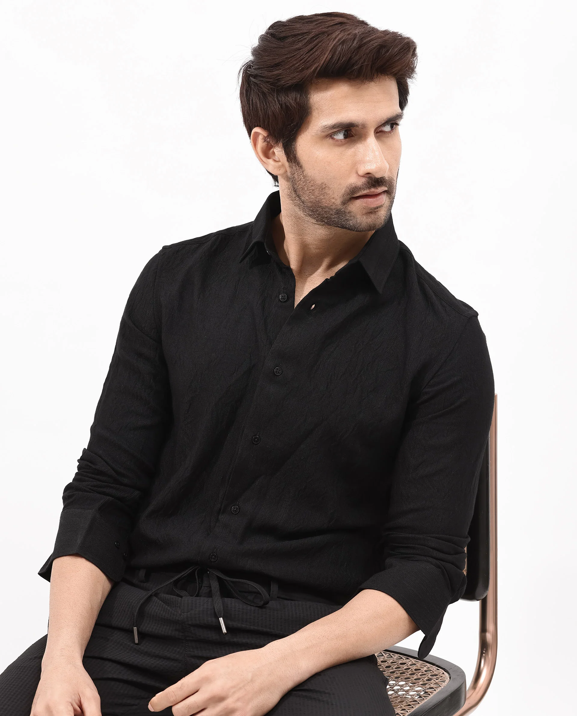 Rare Rabbit Men's Ufa Black Viscose Plain Regular Fit Full Sleeve Collared Shirt - Image 3