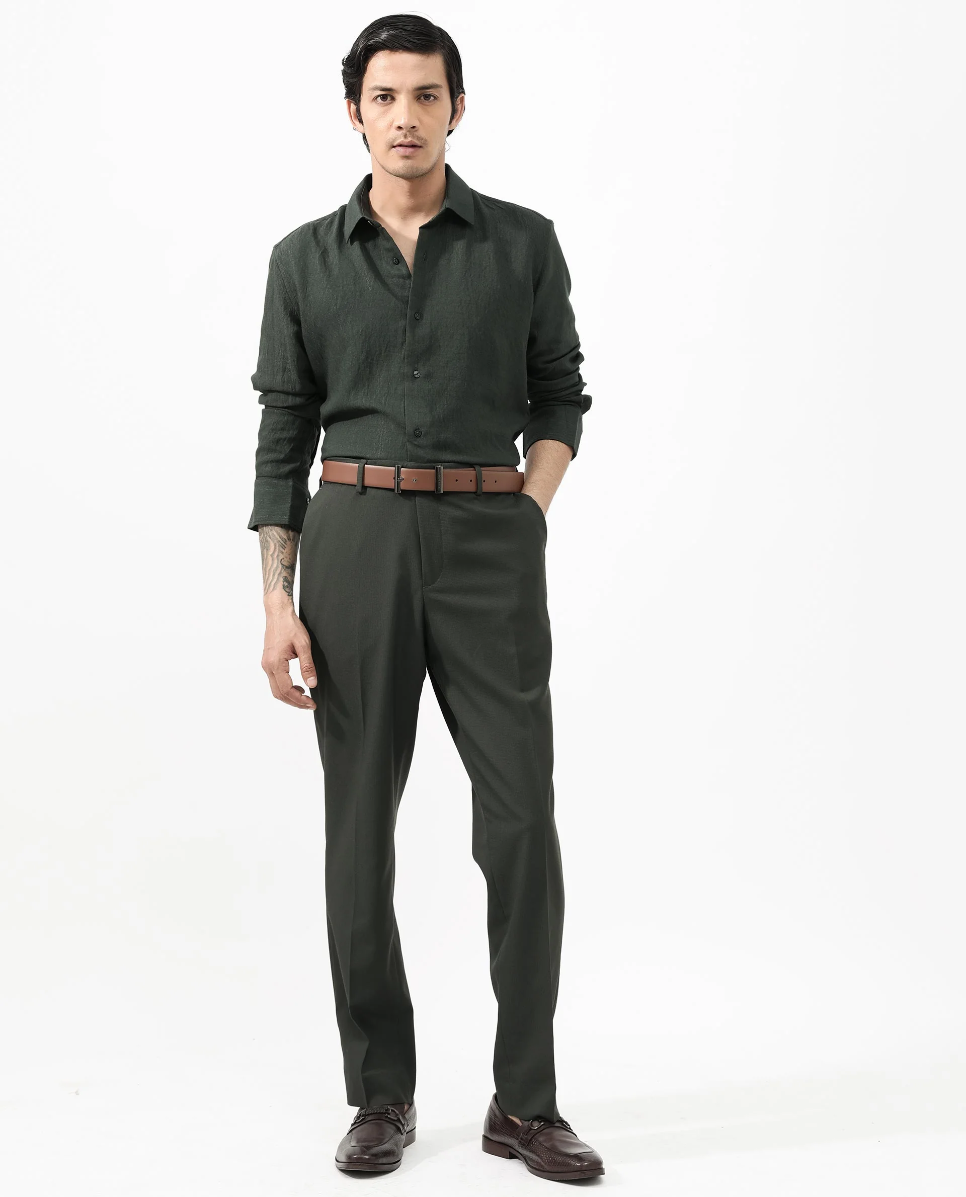 Rare Rabbit Men's Ufa Green Viscose Plain Regular Fit Full Sleeve Collared Shirt - Image 10