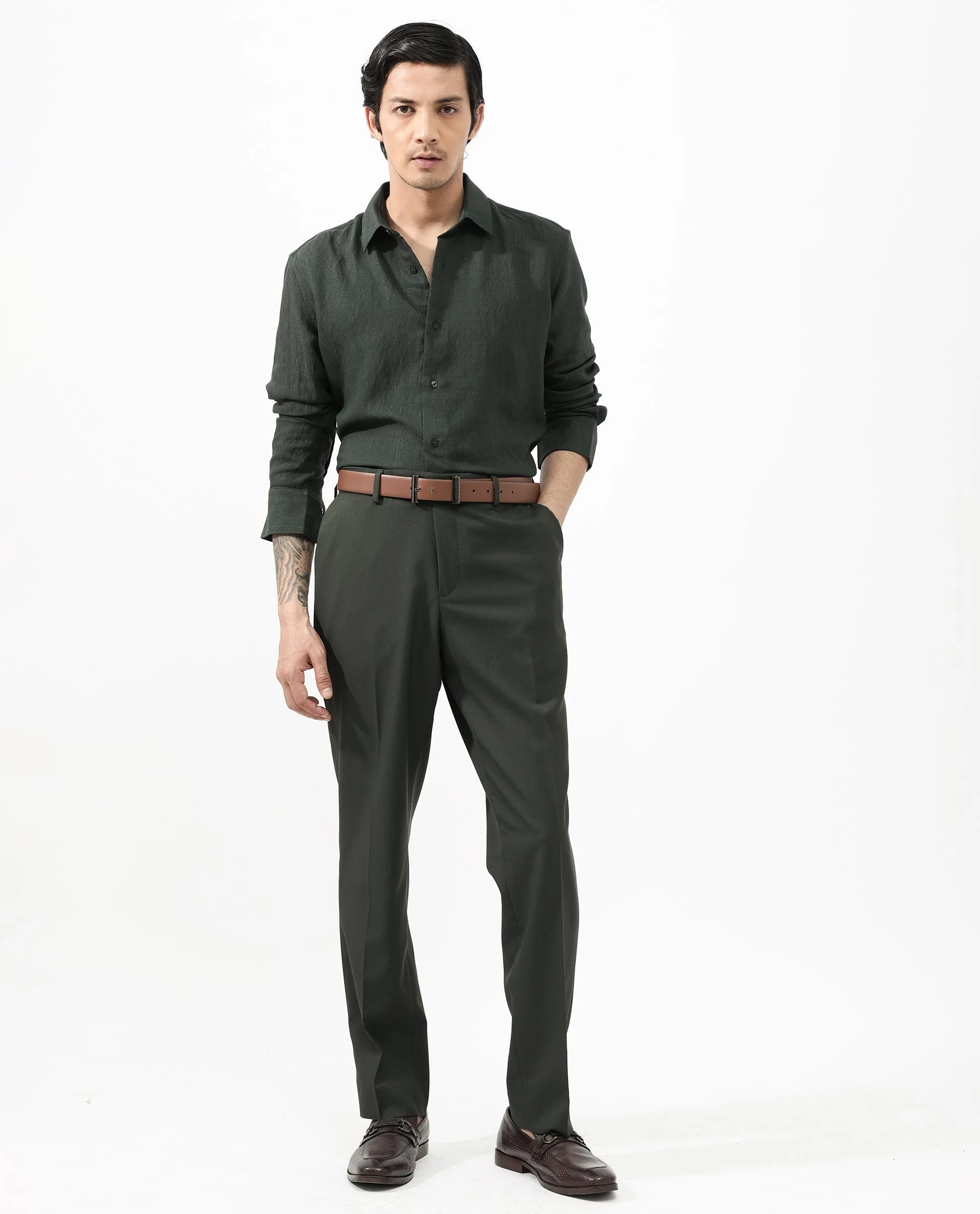 Rare Rabbit Men's Ufa Green Viscose Plain Regular Fit Full Sleeve Collared Shirt - Image 2