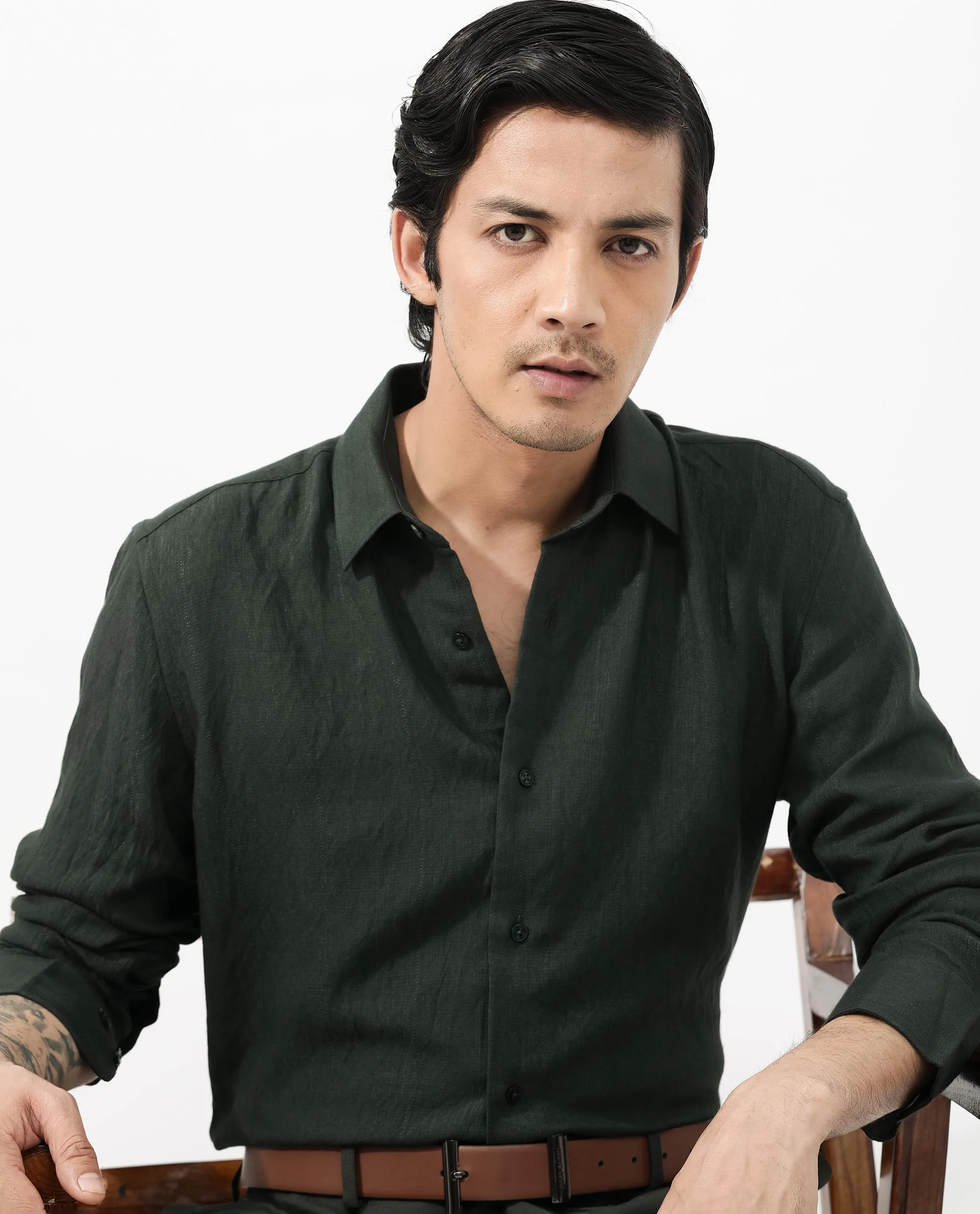 Rare Rabbit Men's Ufa Green Viscose Plain Regular Fit Full Sleeve Collared Shirt - Image 3