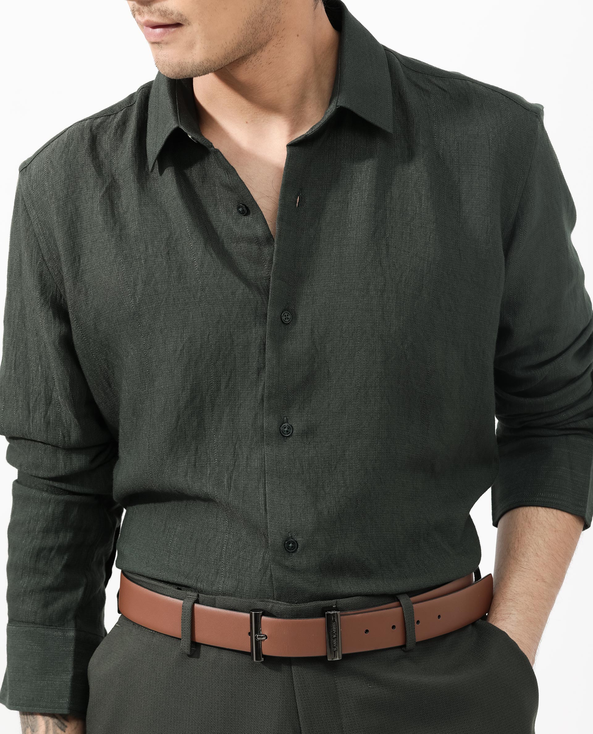 Rare Rabbit Men's Ufa Green Viscose Plain Regular Fit Full Sleeve Collared Shirt - Image 4