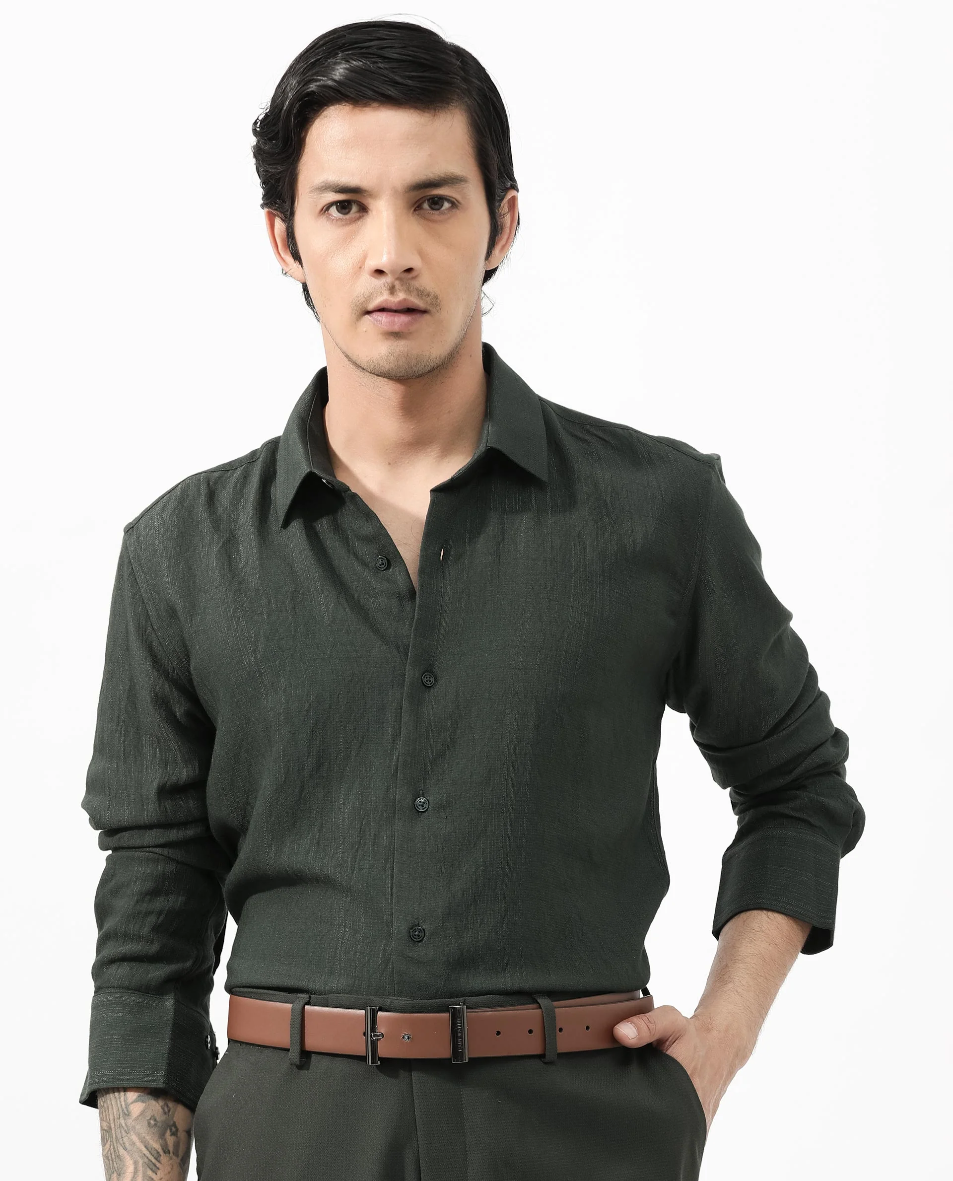 Rare Rabbit Men's Ufa Green Viscose Plain Regular Fit Full Sleeve Collared Shirt - Image 7