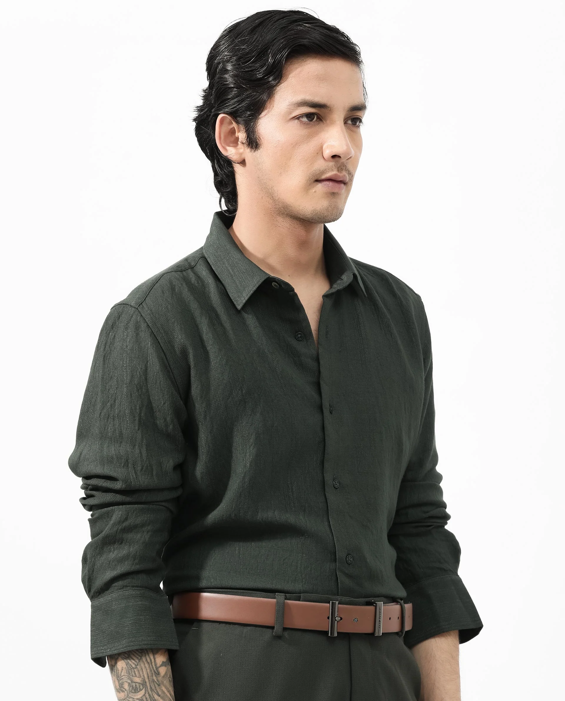 Rare Rabbit Men's Ufa Green Viscose Plain Regular Fit Full Sleeve Collared Shirt - Image 8