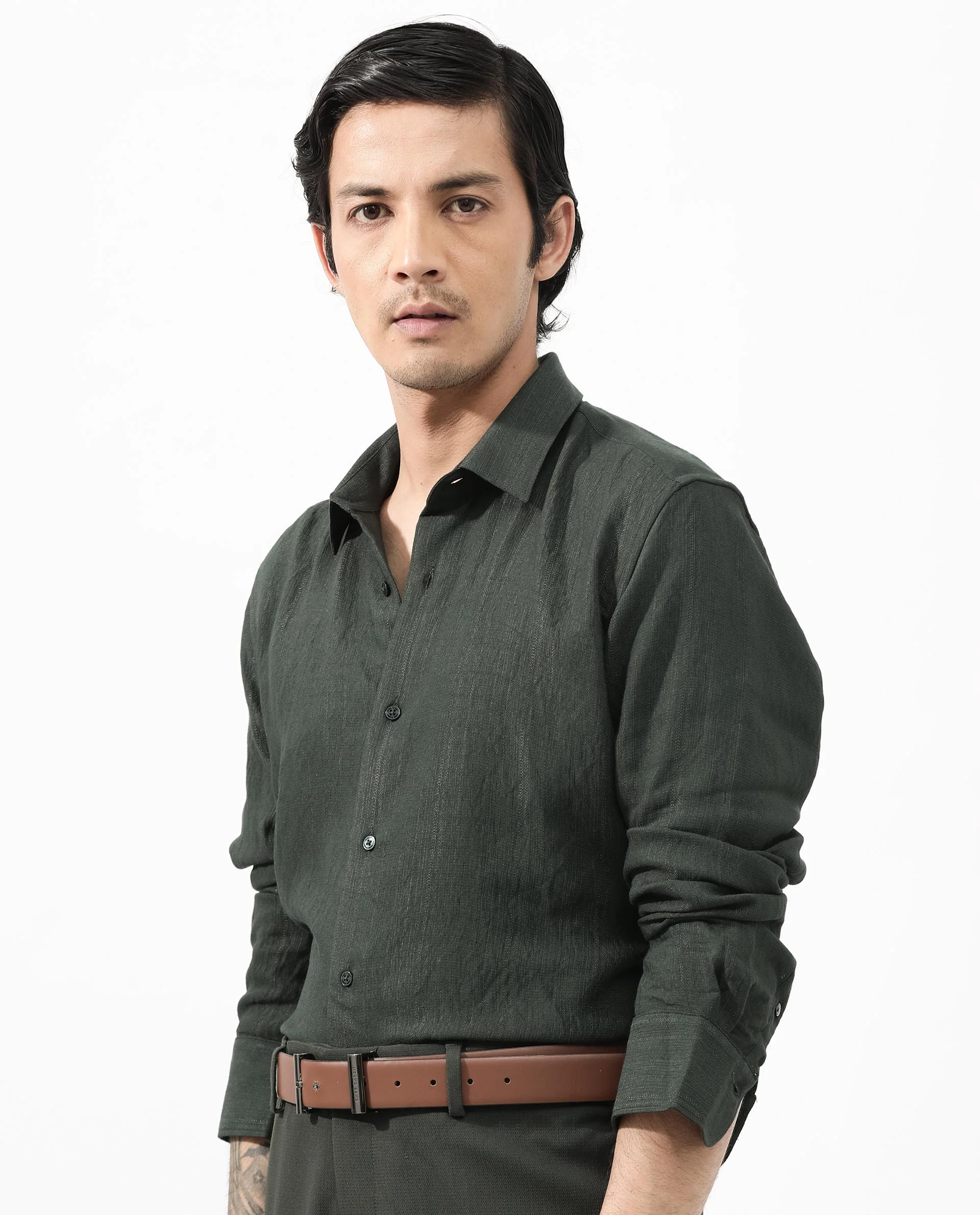 Rare Rabbit Men's Ufa Green Viscose Plain Regular Fit Full Sleeve Collared Shirt - Image 9