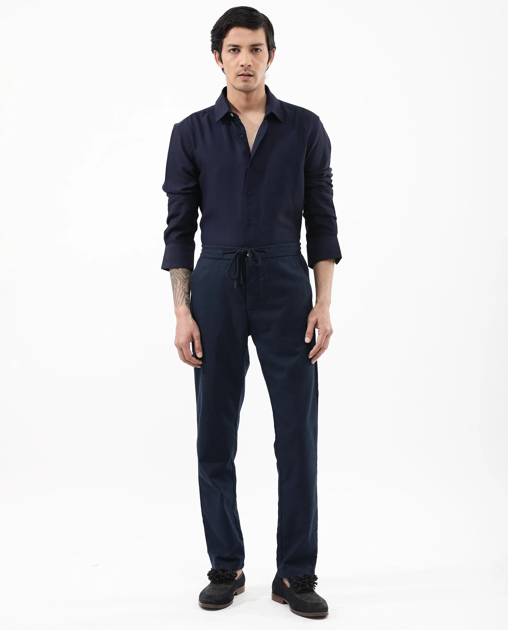 Rare Rabbit Men's Ufa Navy Viscose Plain Regular Fit Full Sleeve Collared Shirt - Image 2