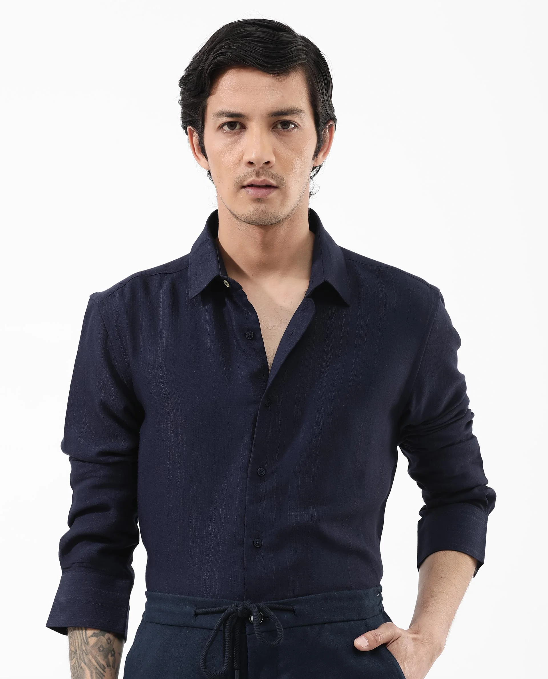 Rare Rabbit Men's Ufa Navy Viscose Plain Regular Fit Full Sleeve Collared Shirt - Image 3