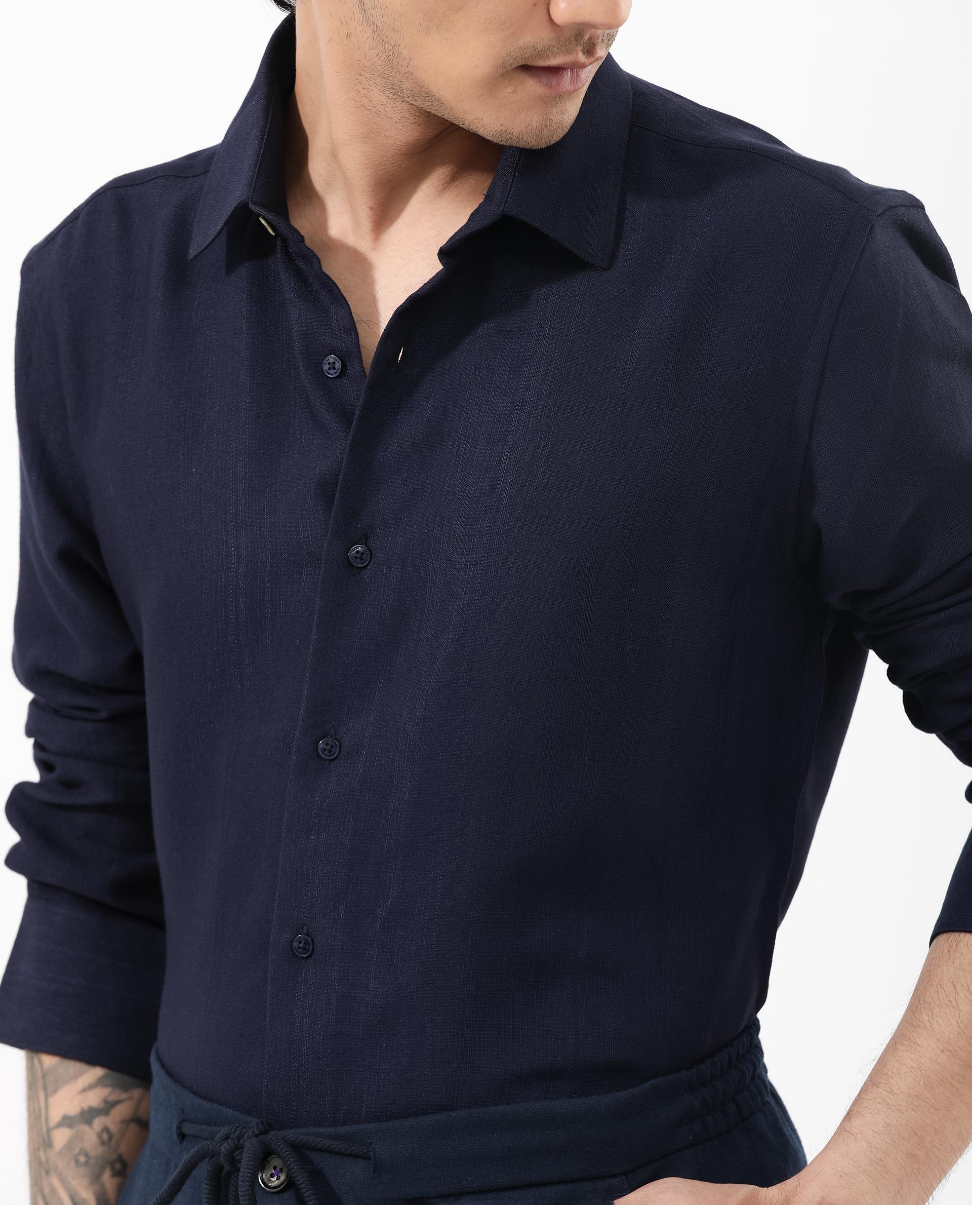 Rare Rabbit Men's Ufa Navy Viscose Plain Regular Fit Full Sleeve Collared Shirt - Image 4