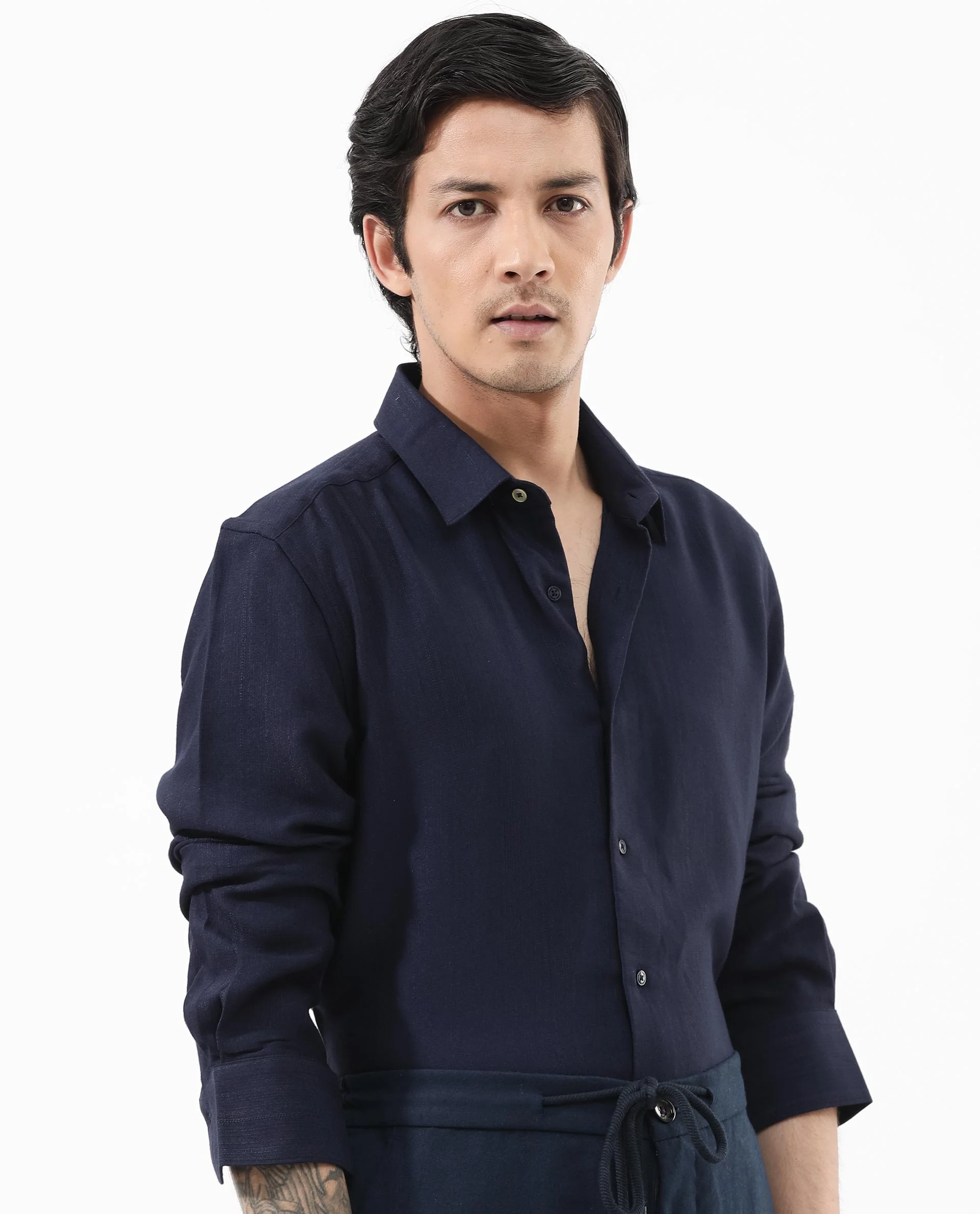 Rare Rabbit Men's Ufa Navy Viscose Plain Regular Fit Full Sleeve Collared Shirt - Image 6