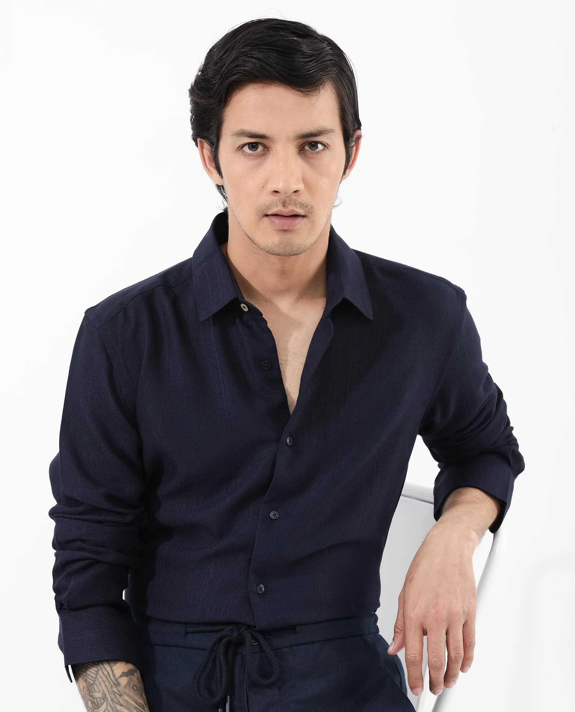 Rare Rabbit Men's Ufa Navy Viscose Plain Regular Fit Full Sleeve Collared Shirt - Image 7