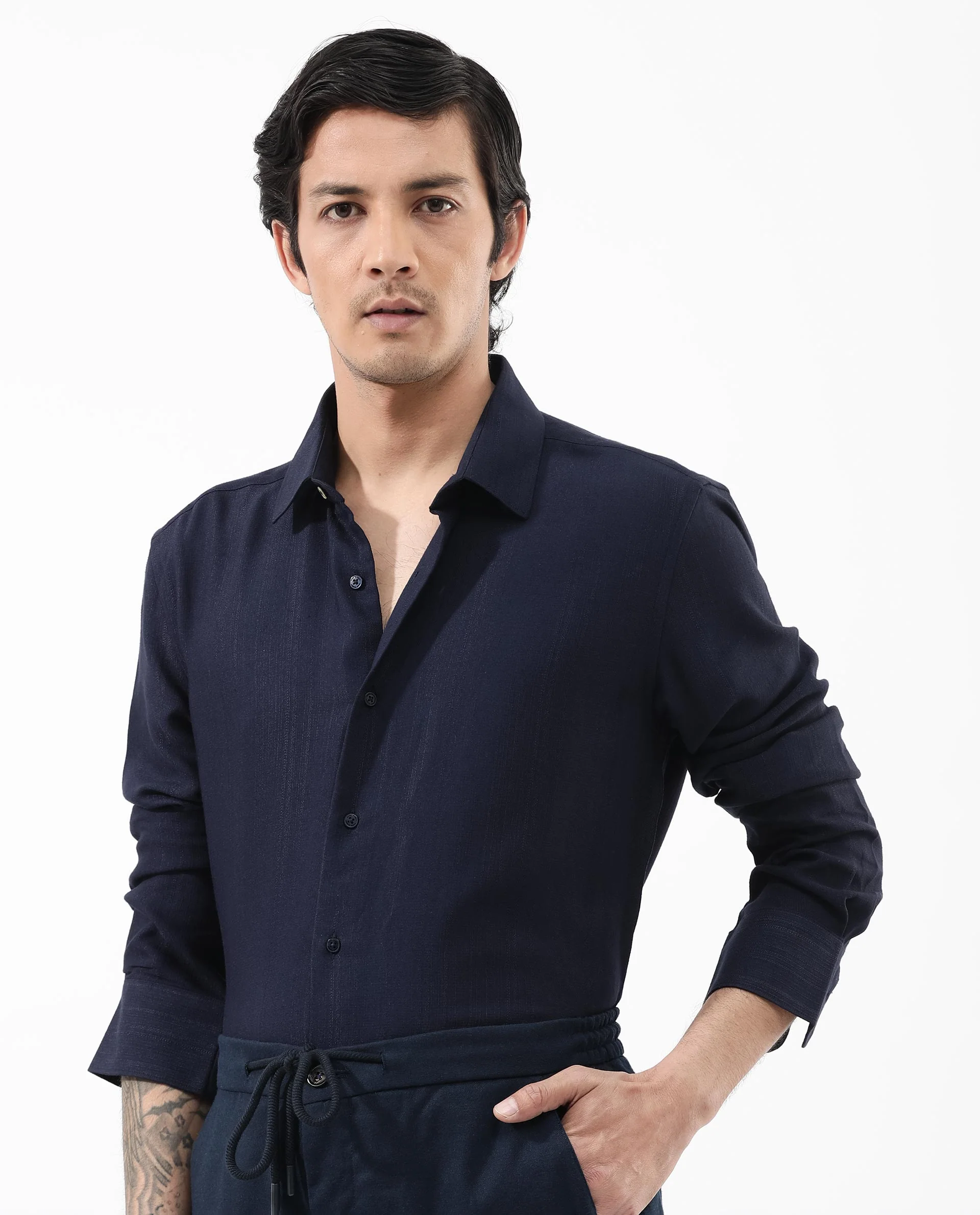 Rare Rabbit Men's Ufa Navy Viscose Plain Regular Fit Full Sleeve Collared Shirt - Image 8
