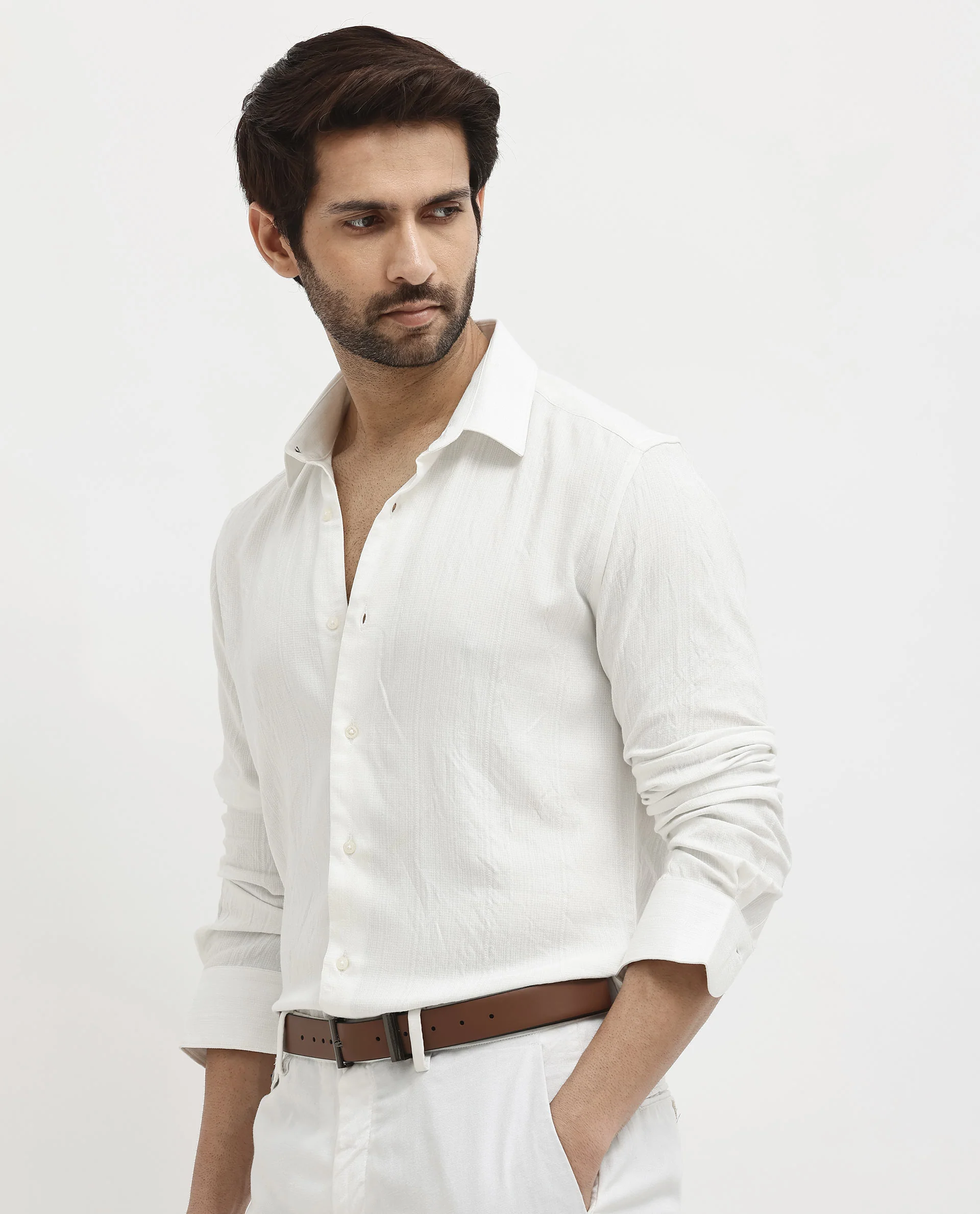 Rare Rabbit Men's Ufa White Viscose Plain Regular Fit Full Sleeve Collared Shirt - Image 3