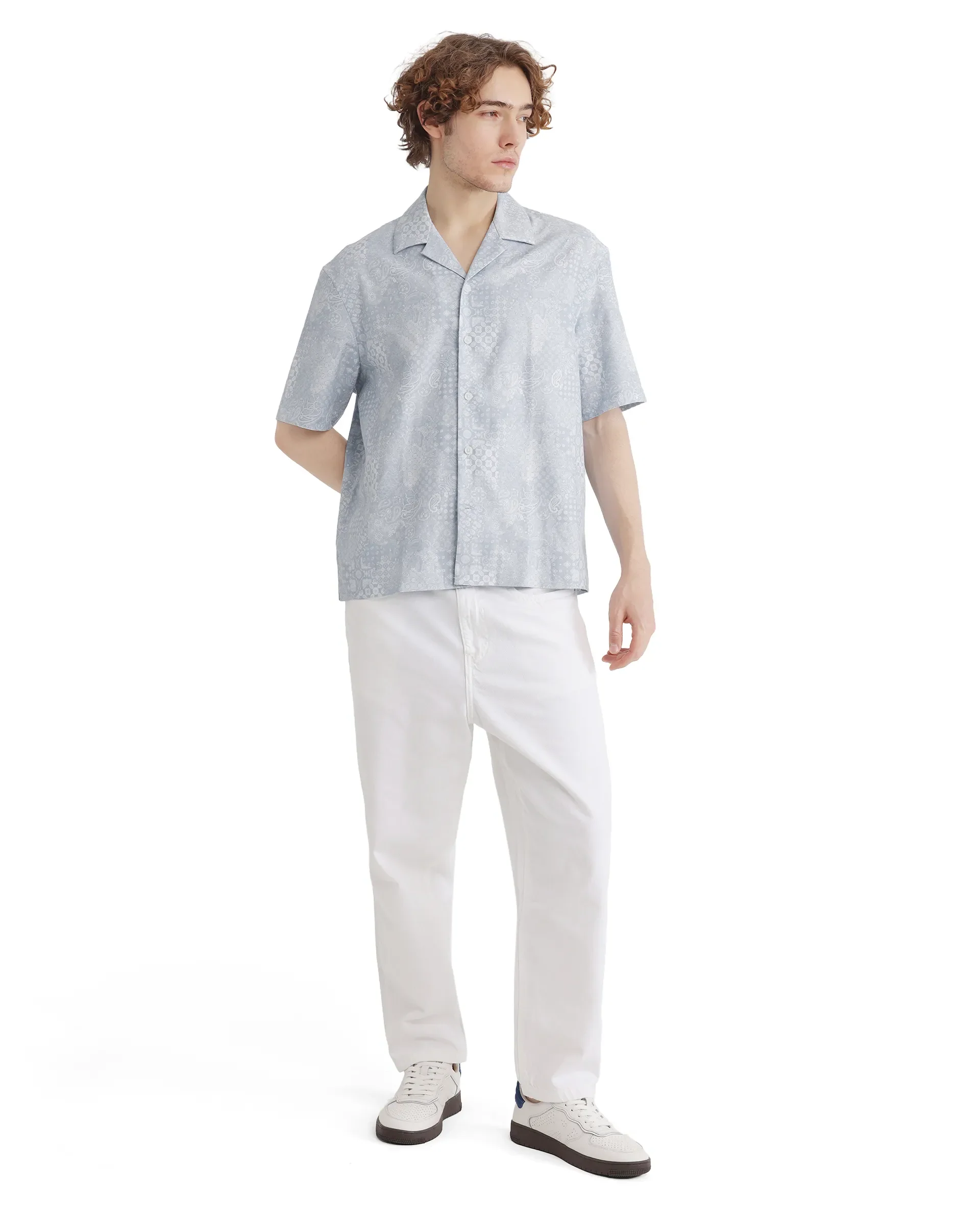 Rare Rabbit Men's Uffy Light Blue Cotton Abstract Print Boxy Fit Half Sleeve Cuban Collar Shirt - Image 2