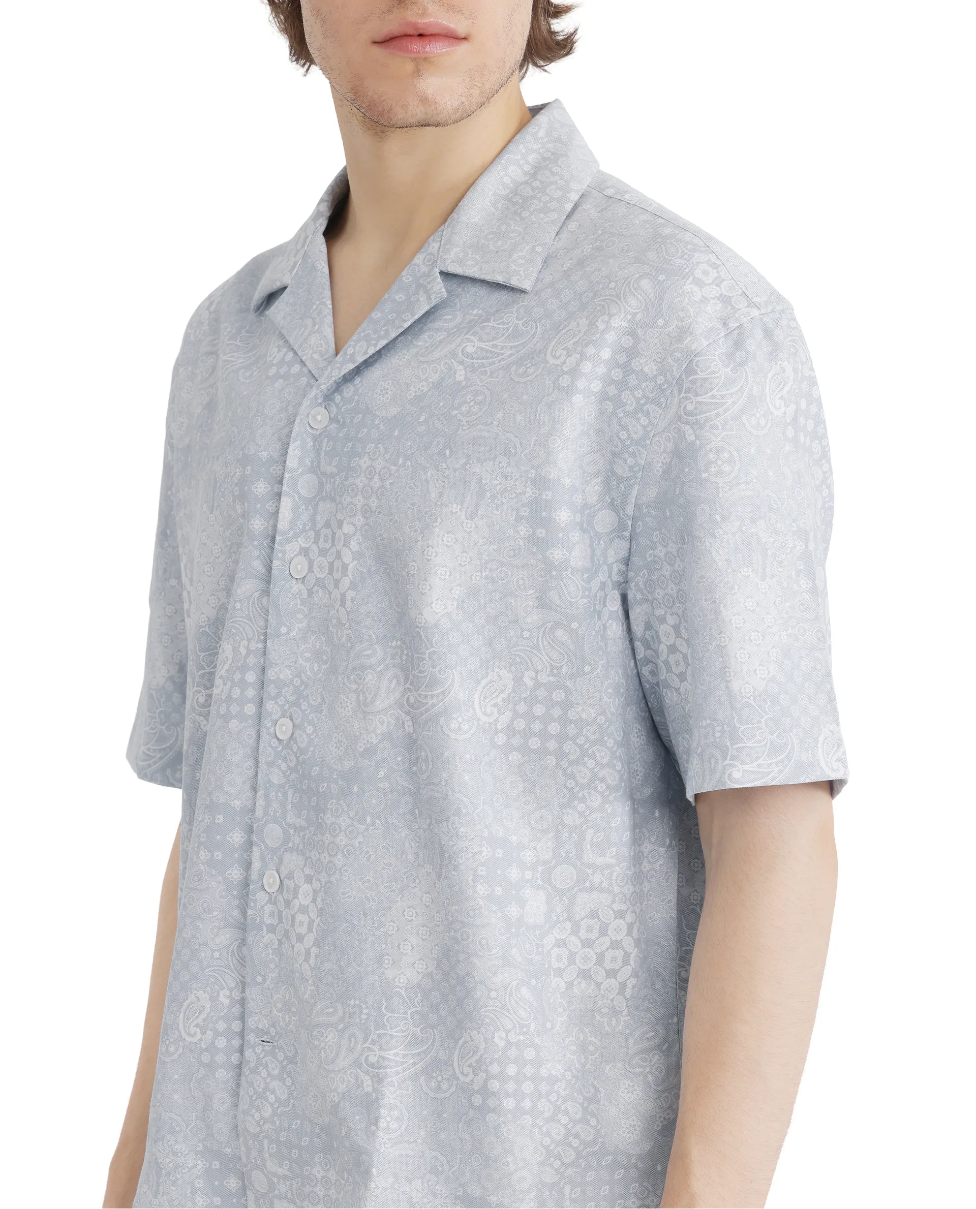 Rare Rabbit Men's Uffy Light Blue Cotton Abstract Print Boxy Fit Half Sleeve Cuban Collar Shirt - Image 3