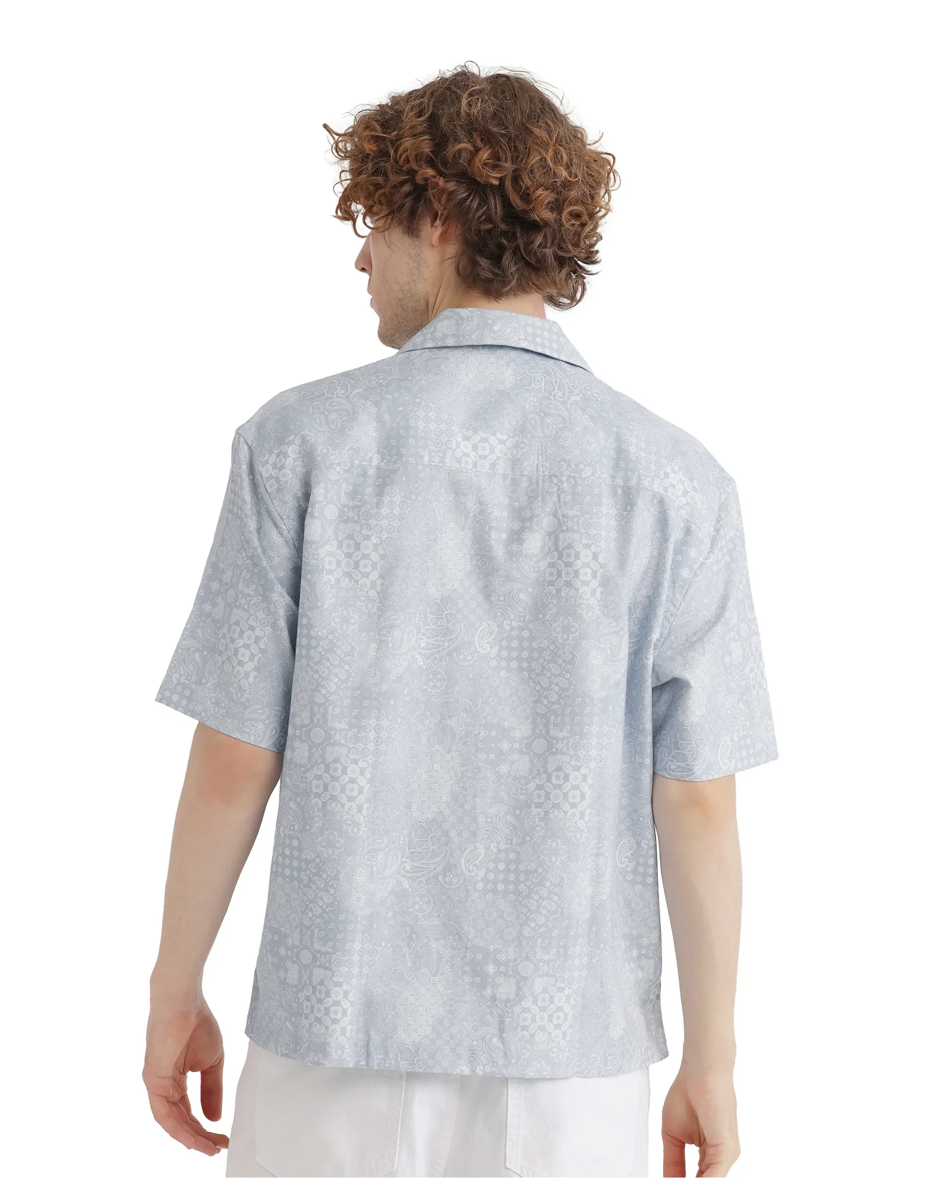 Rare Rabbit Men's Uffy Light Blue Cotton Abstract Print Boxy Fit Half Sleeve Cuban Collar Shirt - Image 4
