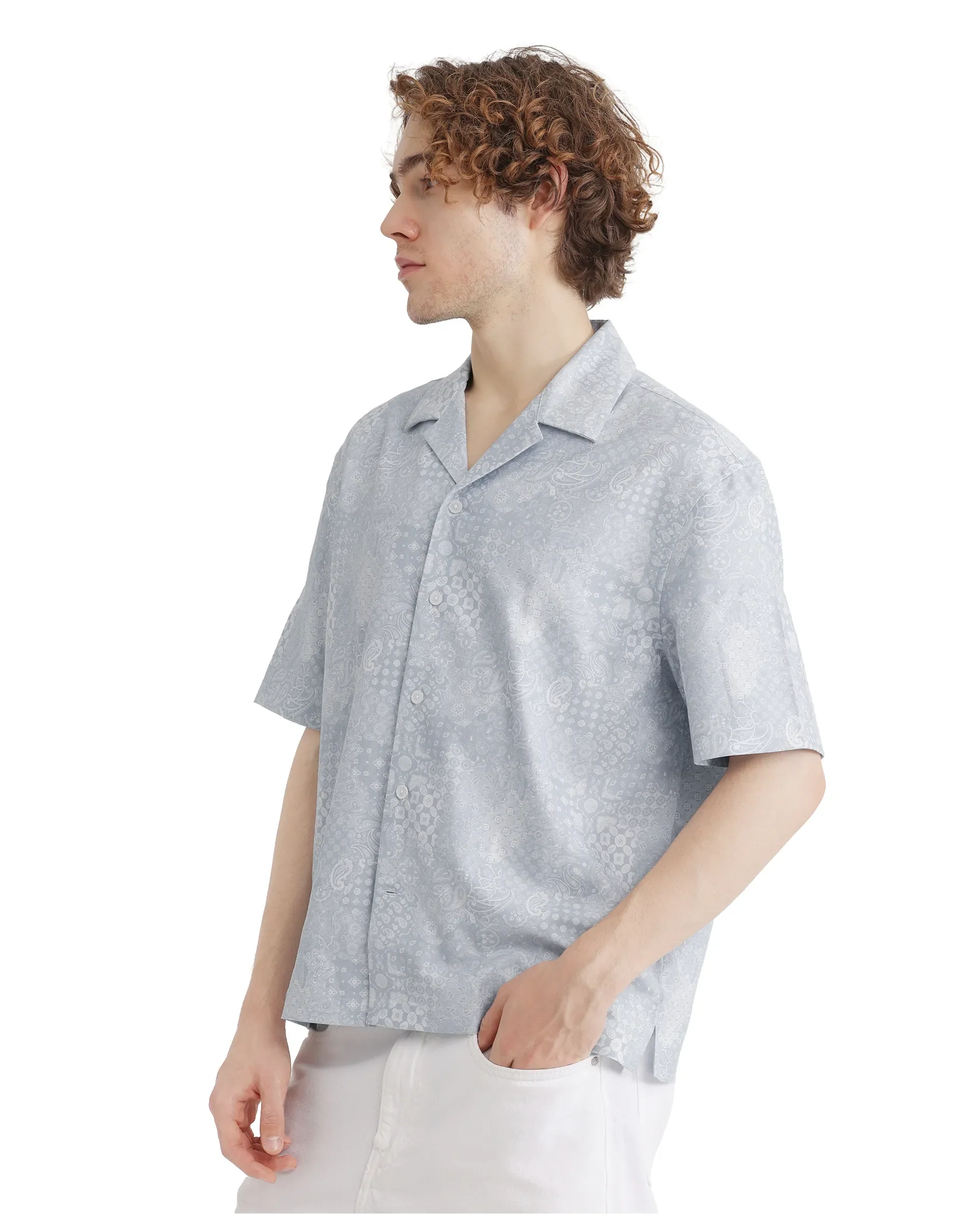 Rare Rabbit Men's Uffy Light Blue Cotton Abstract Print Boxy Fit Half Sleeve Cuban Collar Shirt - Image 5