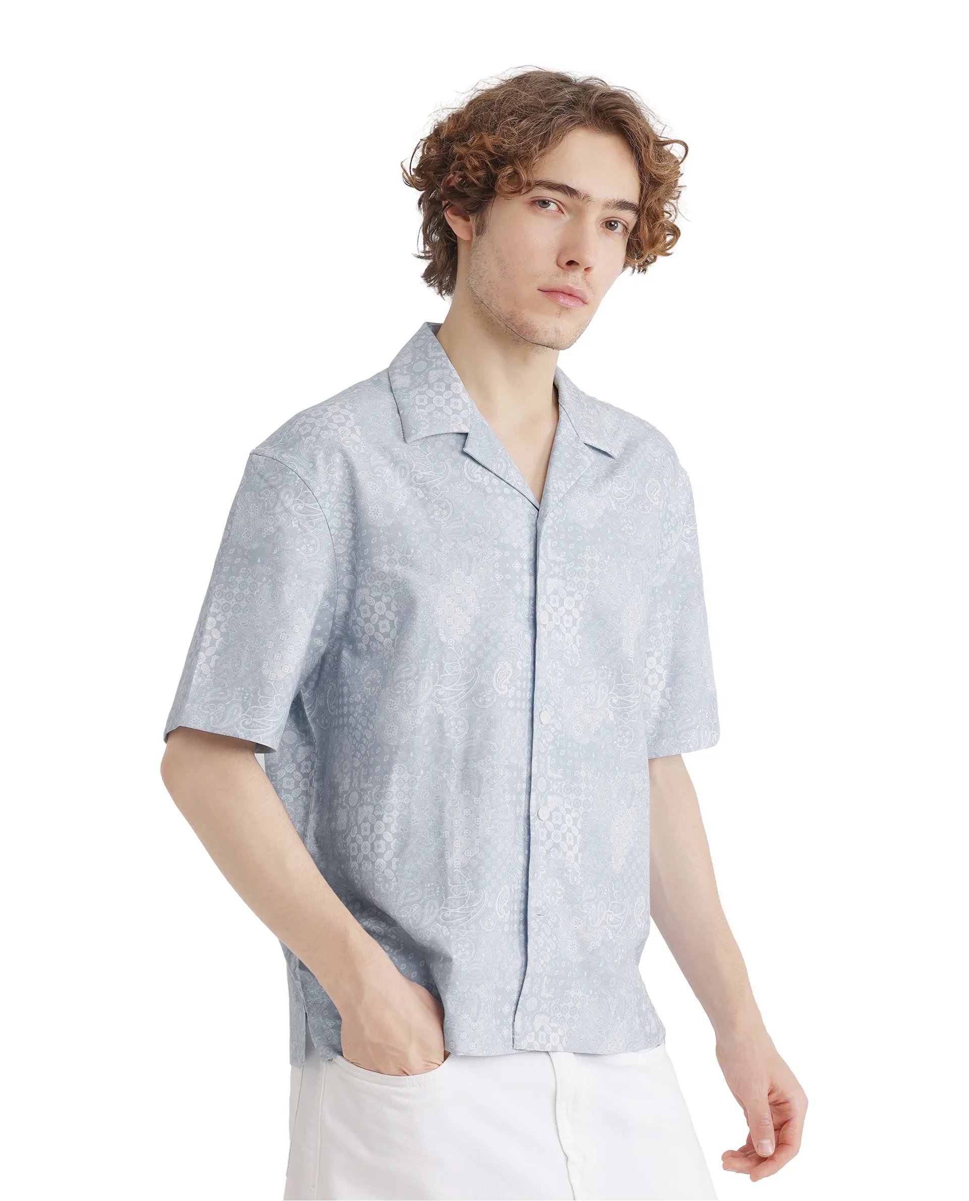 Rare Rabbit Men's Uffy Light Blue Cotton Abstract Print Boxy Fit Half Sleeve Cuban Collar Shirt - Image 6