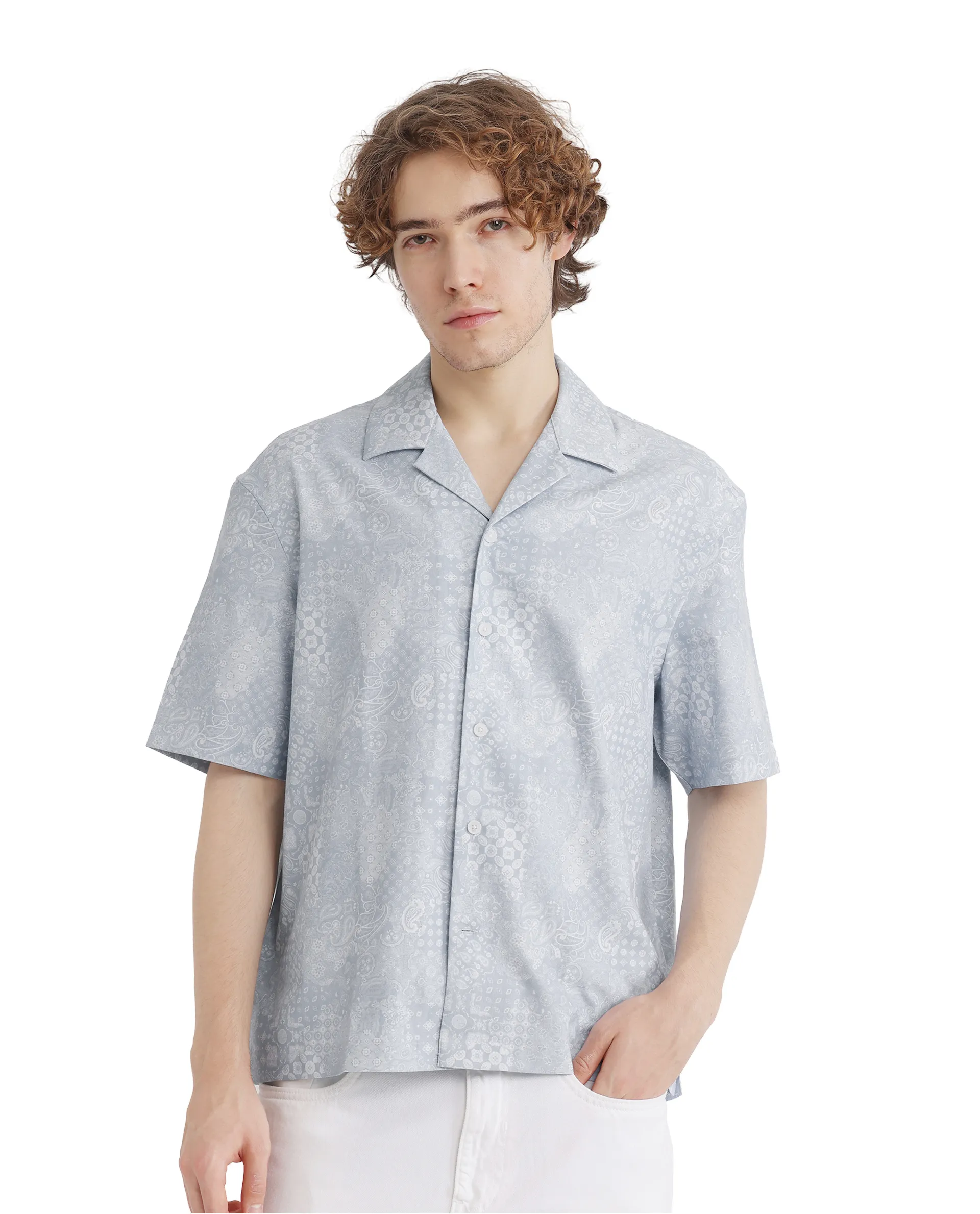 Rare Rabbit Men's Uffy Light Blue Cotton Abstract Print Boxy Fit Half Sleeve Cuban Collar Shirt - Image 7