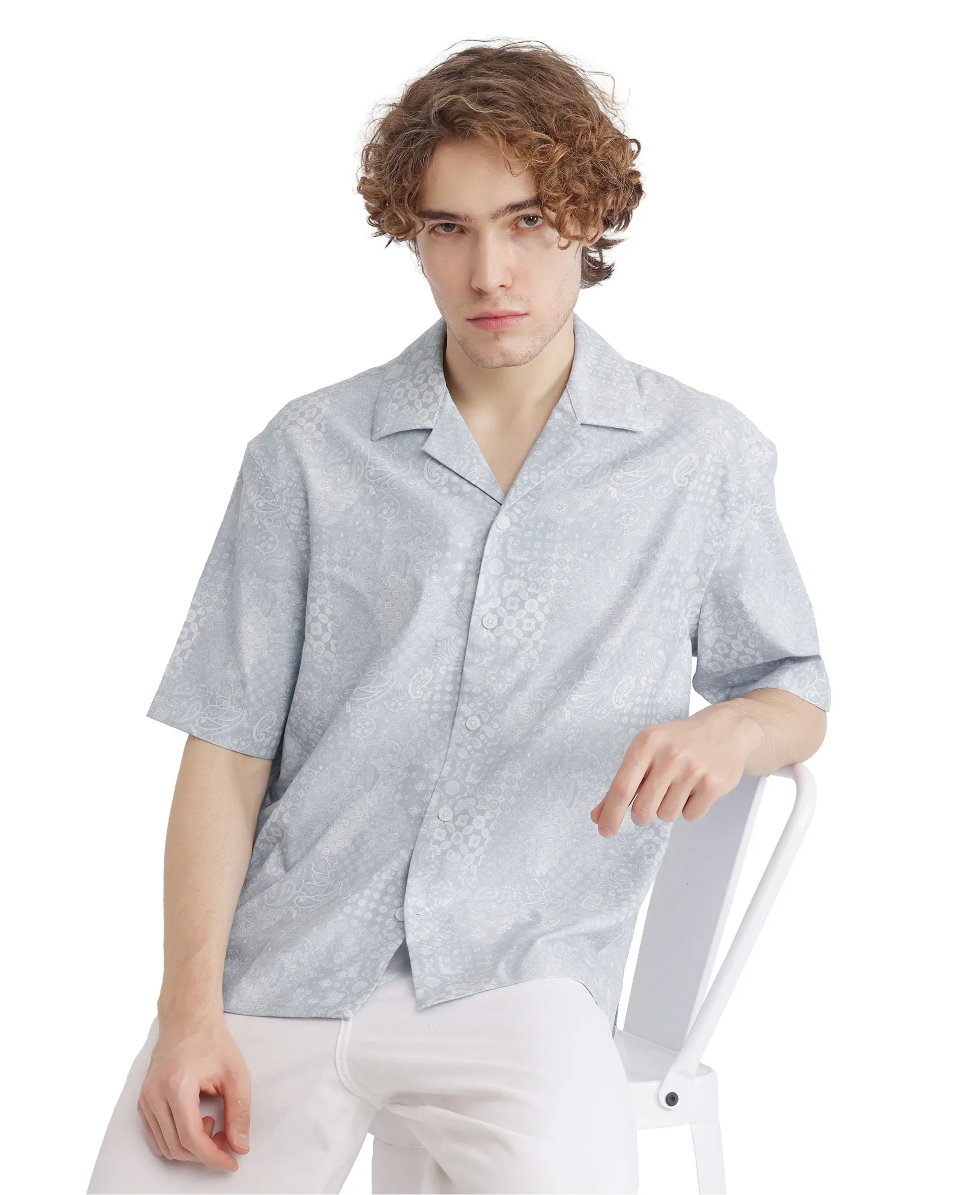 Rare Rabbit Men's Uffy Light Blue Cotton Abstract Print Boxy Fit Half Sleeve Cuban Collar Shirt - Image 9