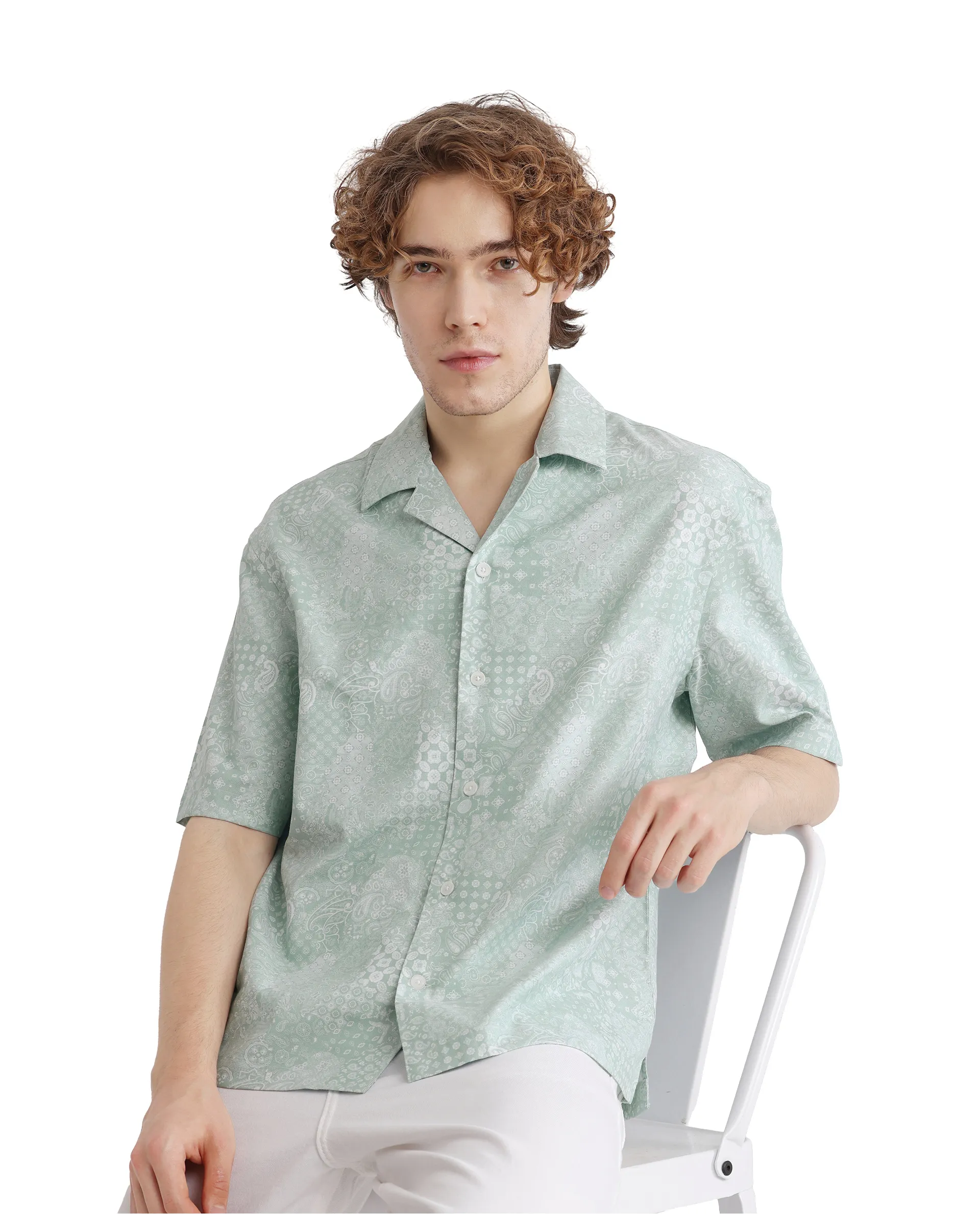 Rare Rabbit Men's Uffy Light Green Cotton Abstract Print Boxy Fit Half Sleeve Cuban Collar Shirt