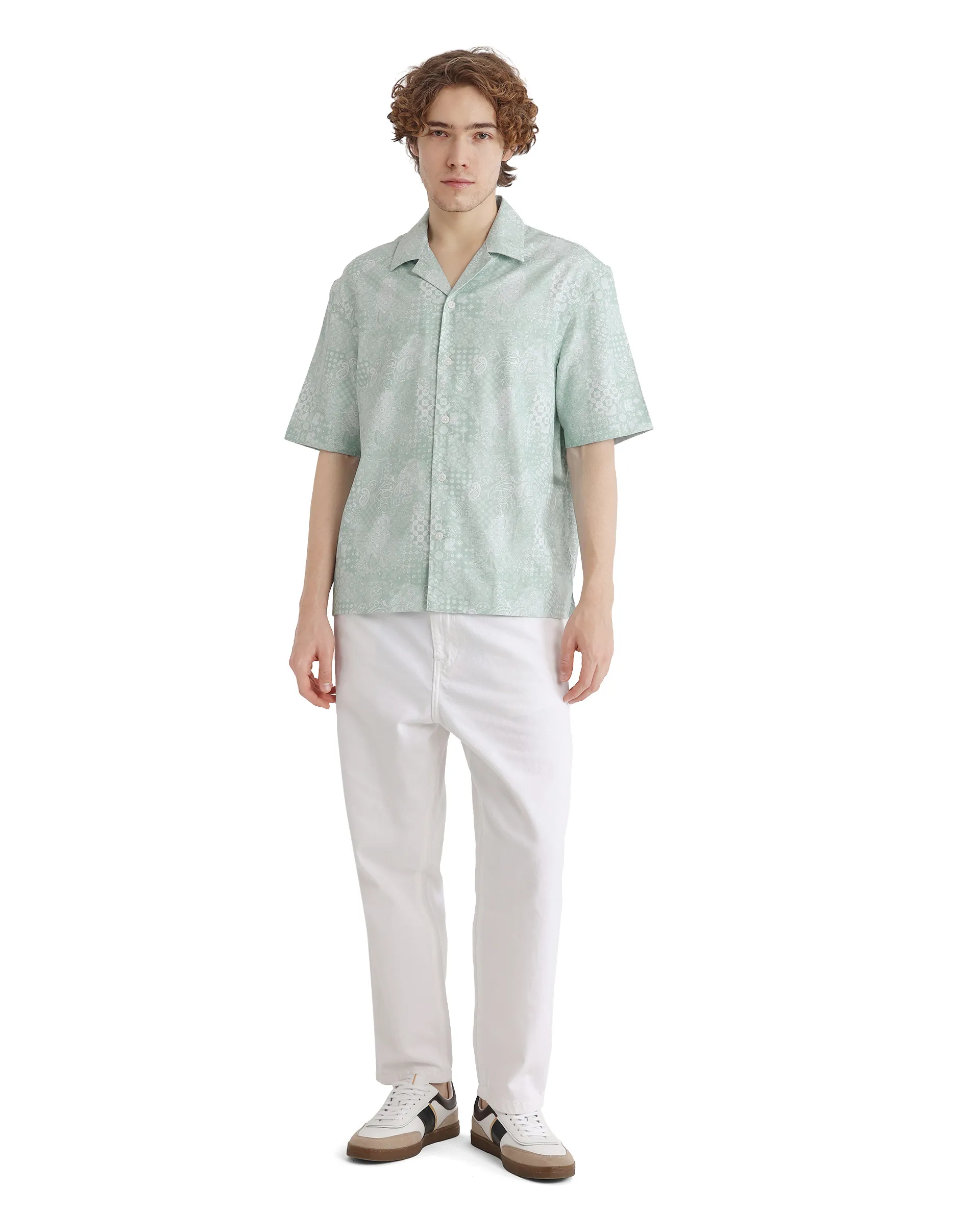 Rare Rabbit Men's Uffy Light Green Cotton Abstract Print Boxy Fit Half Sleeve Cuban Collar Shirt - Image 2