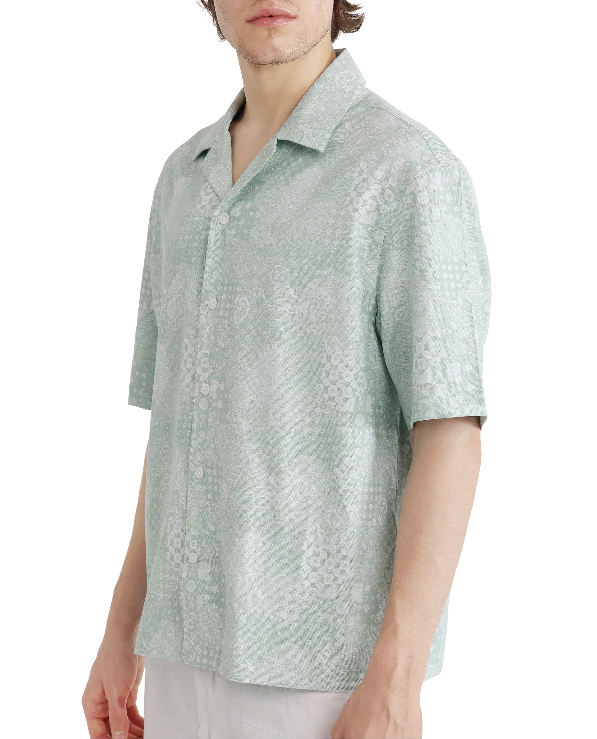 Rare Rabbit Men's Uffy Light Green Cotton Abstract Print Boxy Fit Half Sleeve Cuban Collar Shirt - Image 3