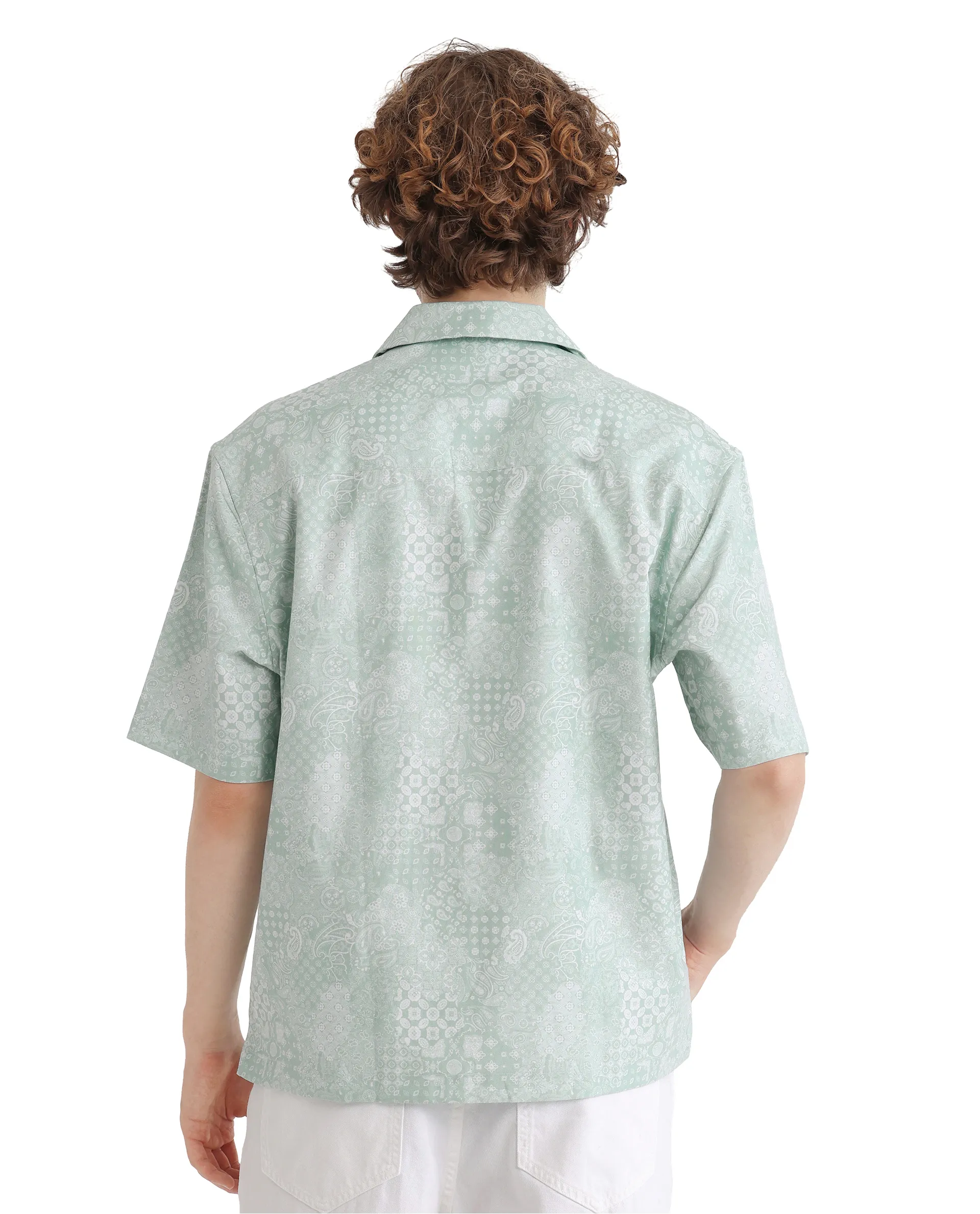 Rare Rabbit Men's Uffy Light Green Cotton Abstract Print Boxy Fit Half Sleeve Cuban Collar Shirt - Image 4