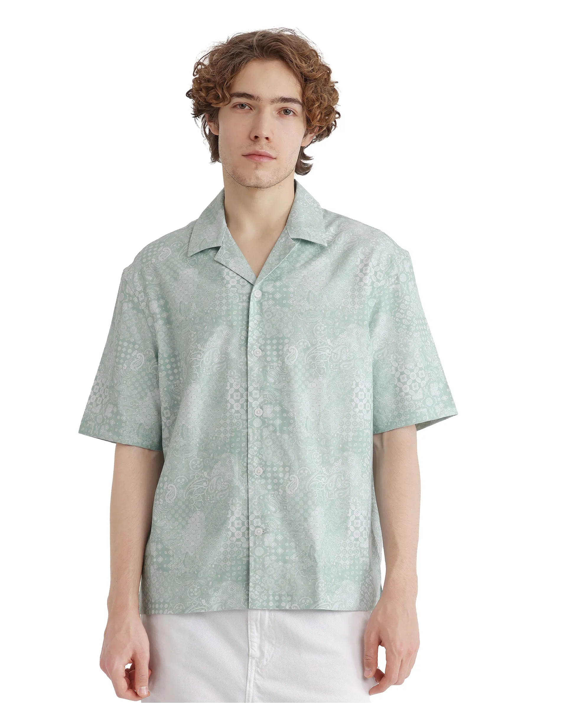 Rare Rabbit Men's Uffy Light Green Cotton Abstract Print Boxy Fit Half Sleeve Cuban Collar Shirt - Image 5