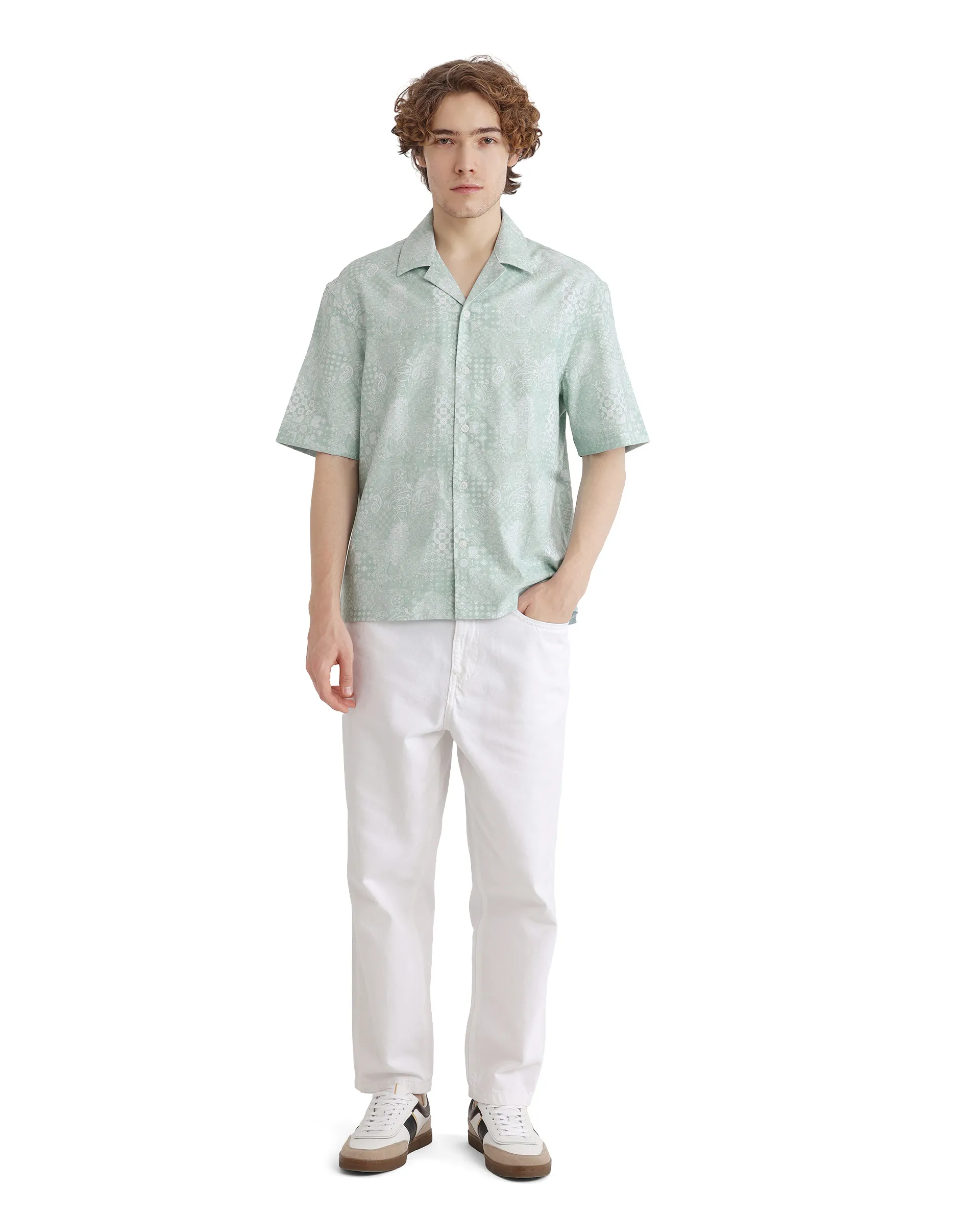 Rare Rabbit Men's Uffy Light Green Cotton Abstract Print Boxy Fit Half Sleeve Cuban Collar Shirt - Image 6