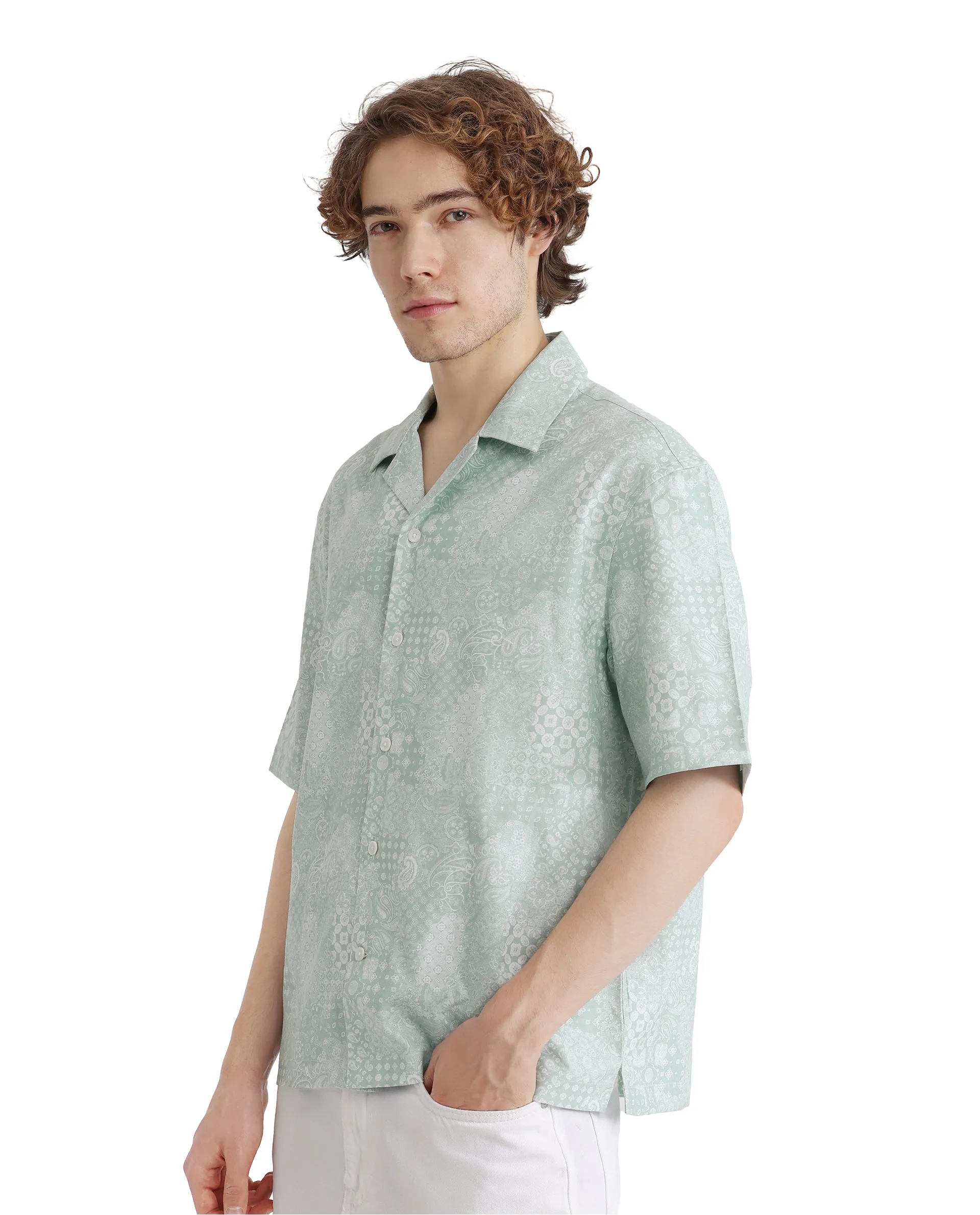 Rare Rabbit Men's Uffy Light Green Cotton Abstract Print Boxy Fit Half Sleeve Cuban Collar Shirt - Image 7