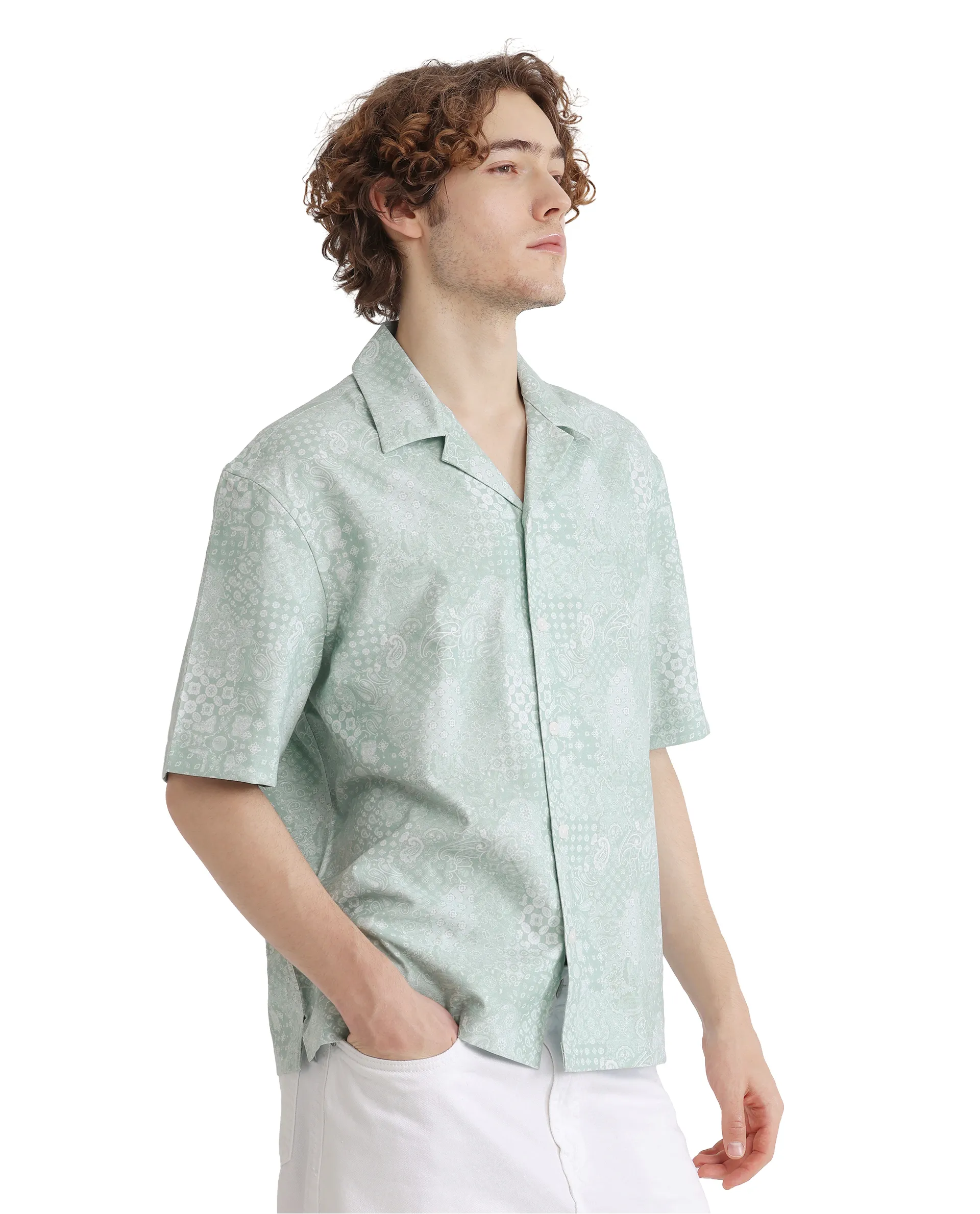 Rare Rabbit Men's Uffy Light Green Cotton Abstract Print Boxy Fit Half Sleeve Cuban Collar Shirt - Image 8