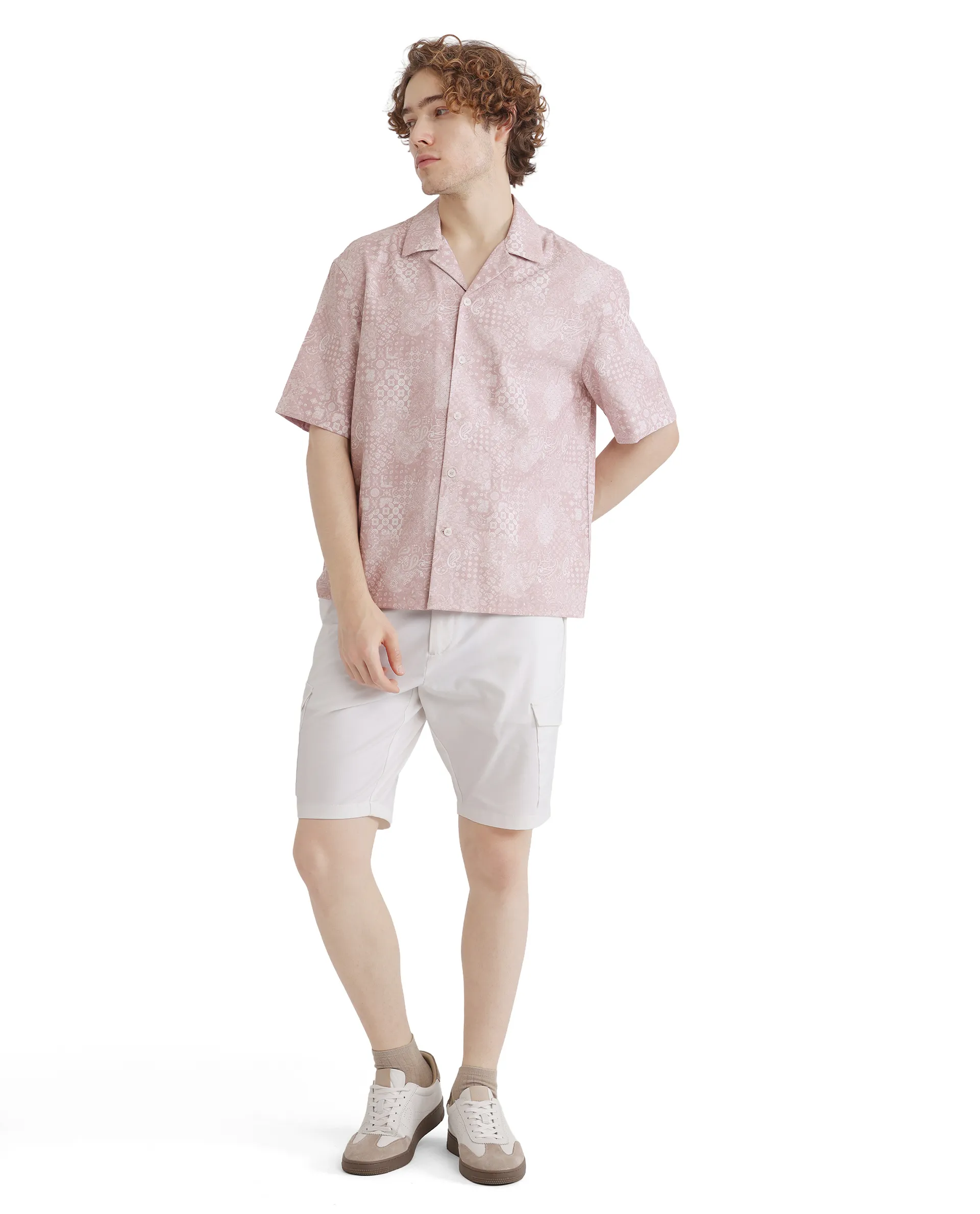 Rare Rabbit Men's Uffy Light Pink Cotton Abstract Print Boxy Fit Half Sleeve Cuban Collar Shirt - Image 2