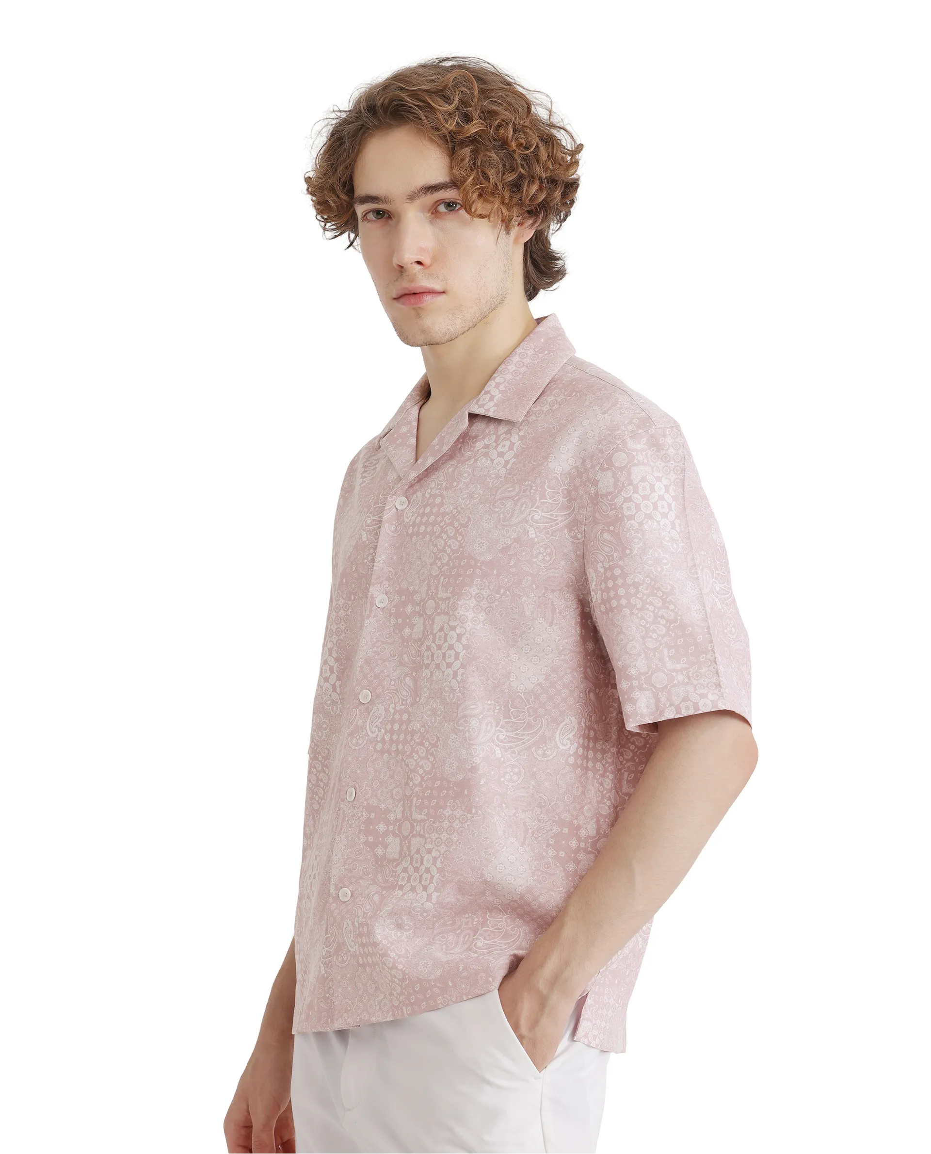 Rare Rabbit Men's Uffy Light Pink Cotton Abstract Print Boxy Fit Half Sleeve Cuban Collar Shirt - Image 3