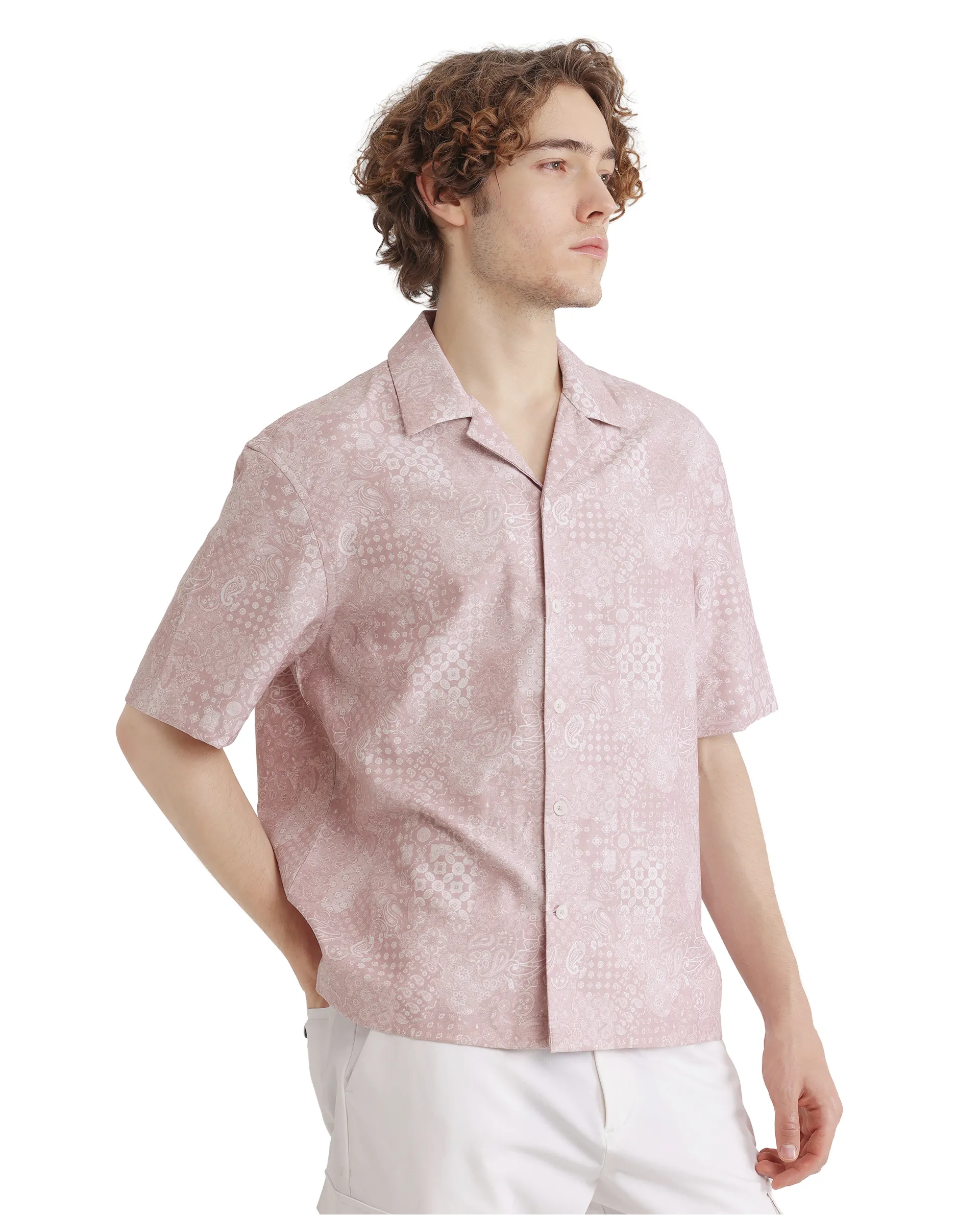 Rare Rabbit Men's Uffy Light Pink Cotton Abstract Print Boxy Fit Half Sleeve Cuban Collar Shirt - Image 4