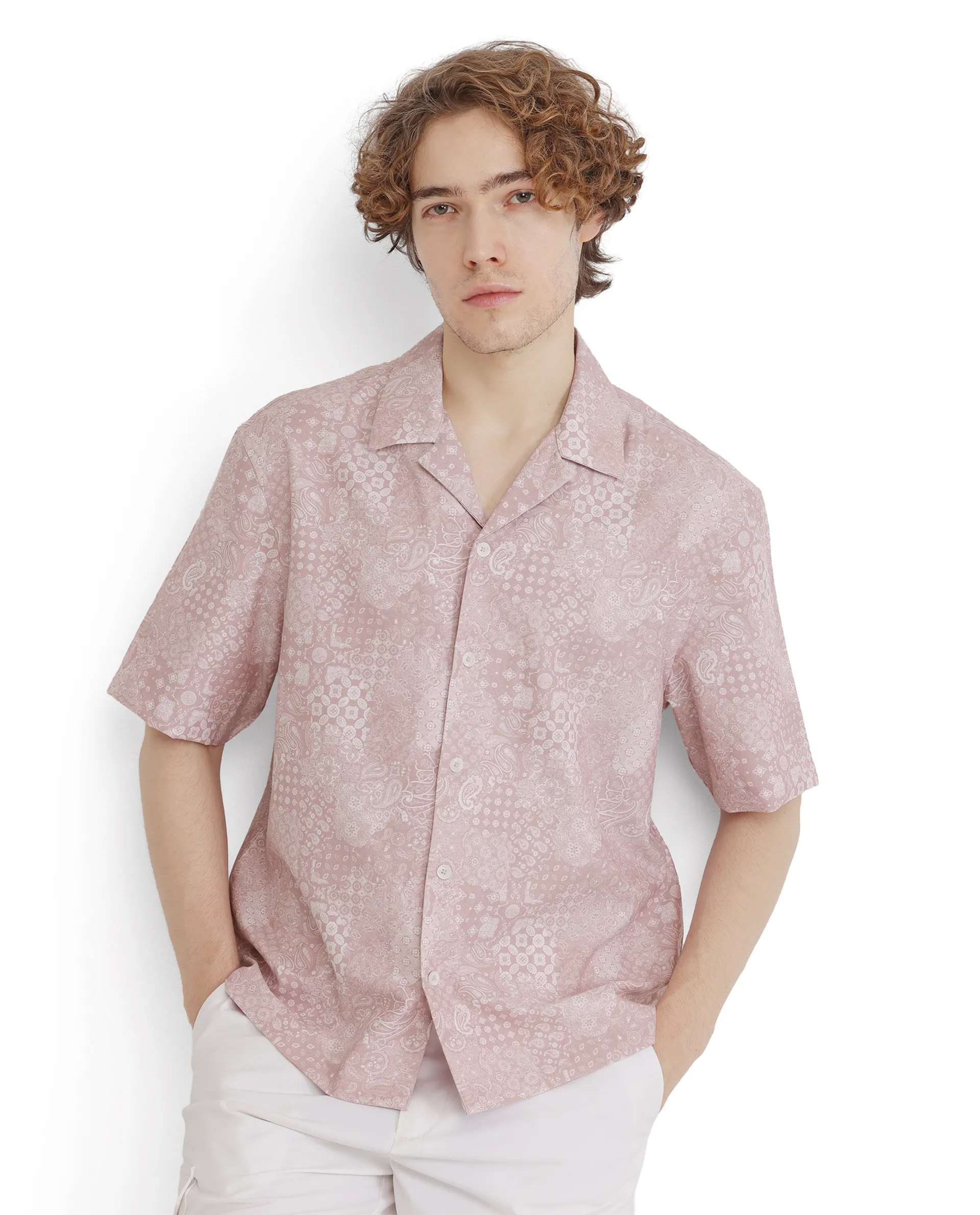 Rare Rabbit Men's Uffy Light Pink Cotton Abstract Print Boxy Fit Half Sleeve Cuban Collar Shirt - Image 7