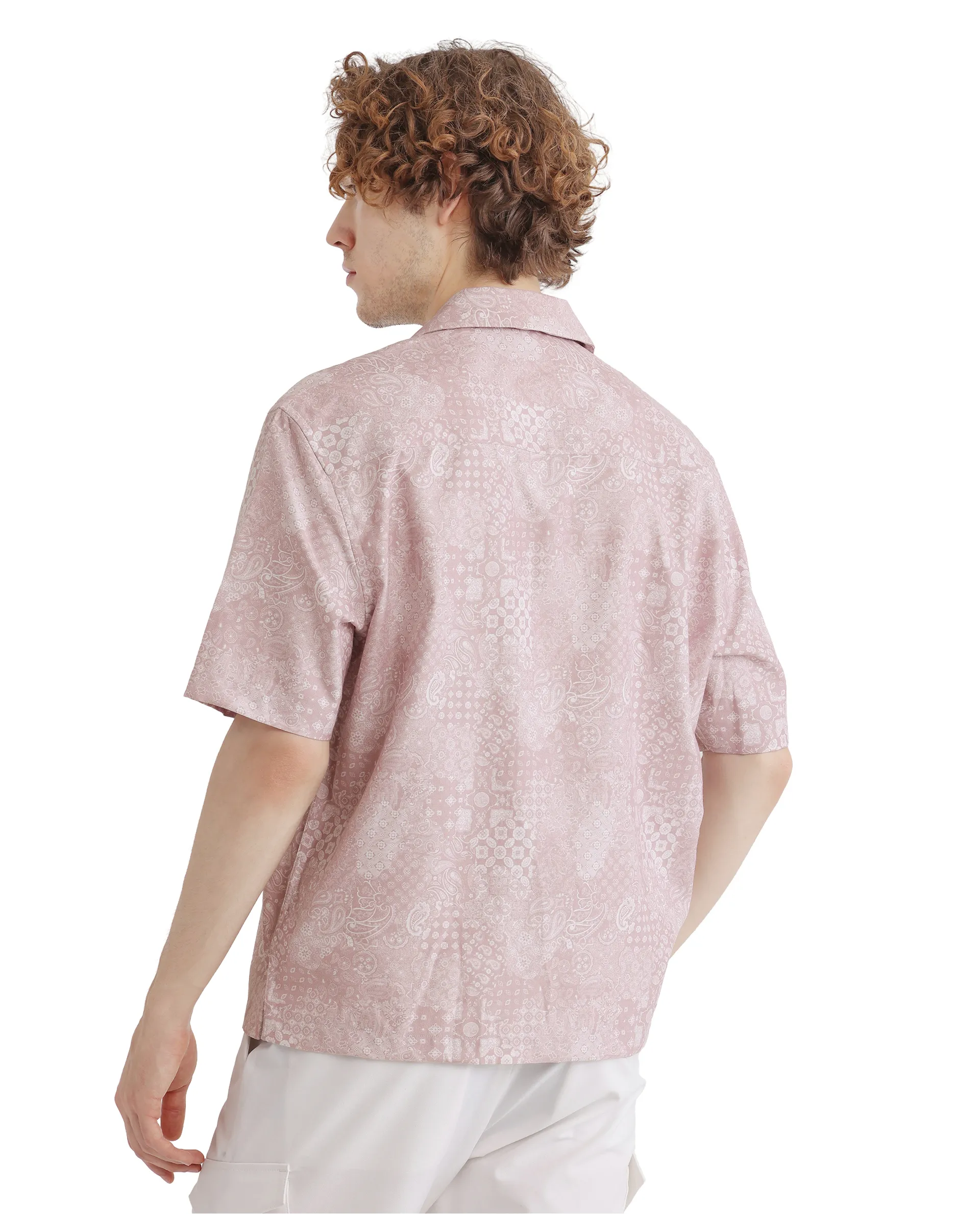 Rare Rabbit Men's Uffy Light Pink Cotton Abstract Print Boxy Fit Half Sleeve Cuban Collar Shirt - Image 8