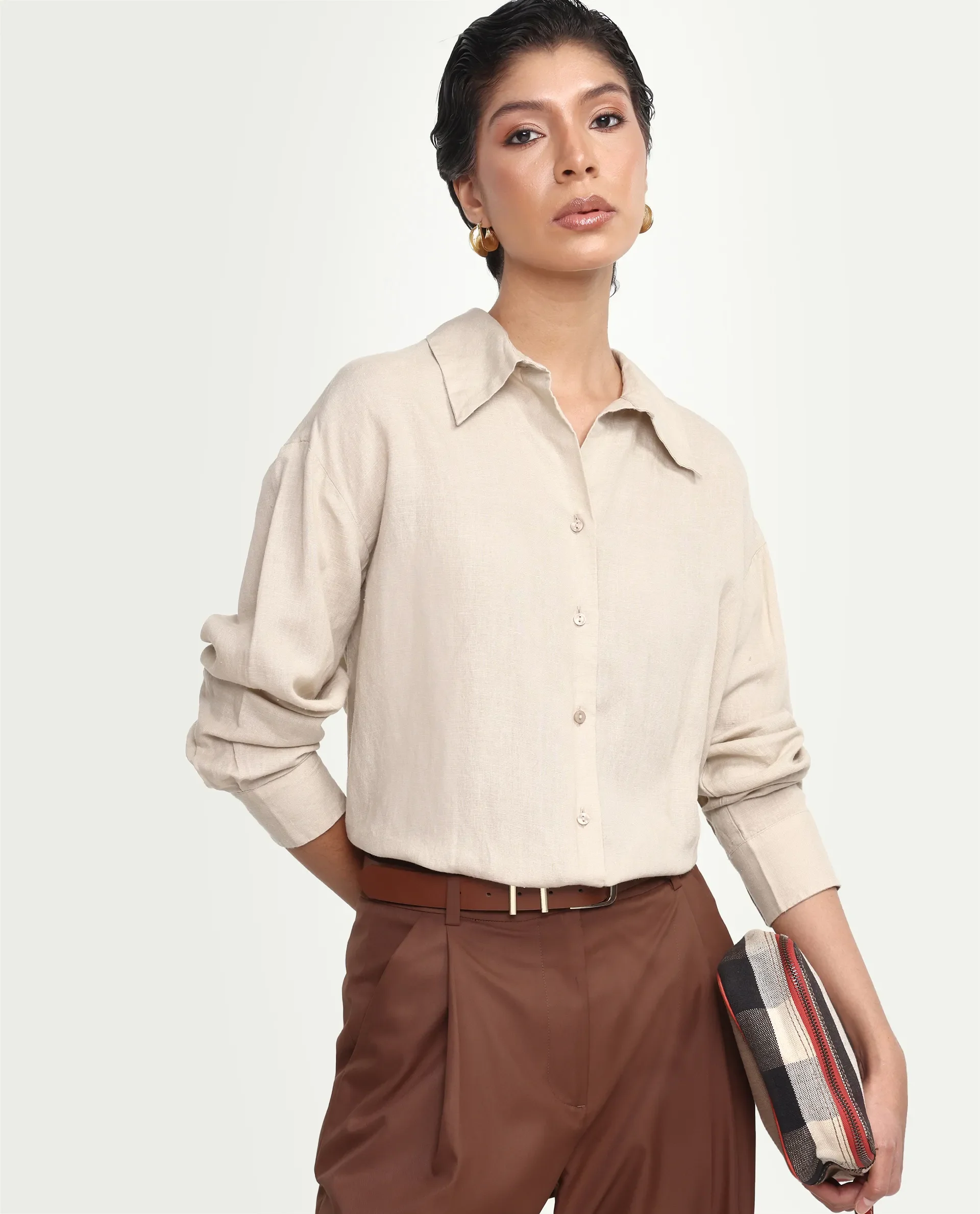 Rareism Women's Uganda Beige Linen Fabric Spread Collar Regular Plain Shirt