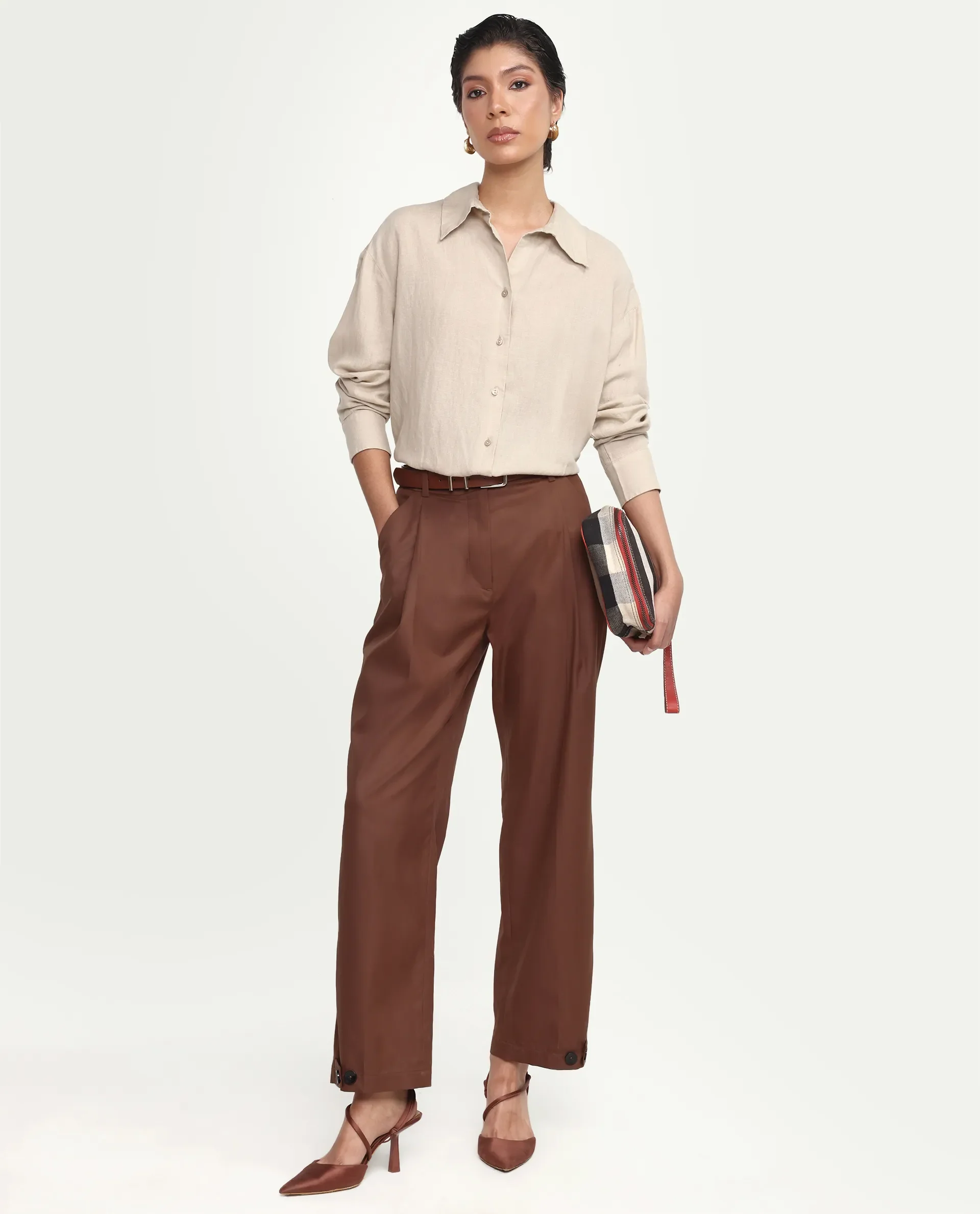 Rareism Women's Uganda Beige Linen Fabric Spread Collar Regular Plain Shirt - Image 2
