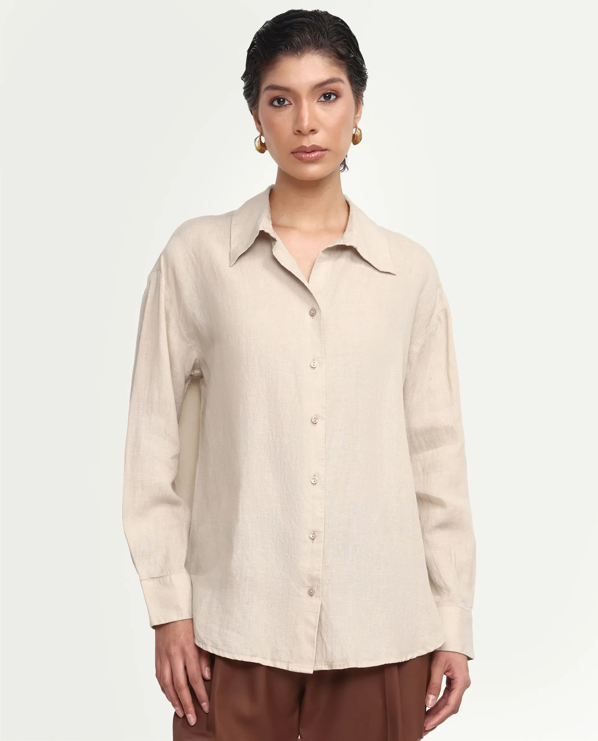 Rareism Women's Uganda Beige Linen Fabric Spread Collar Regular Plain Shirt - Image 3