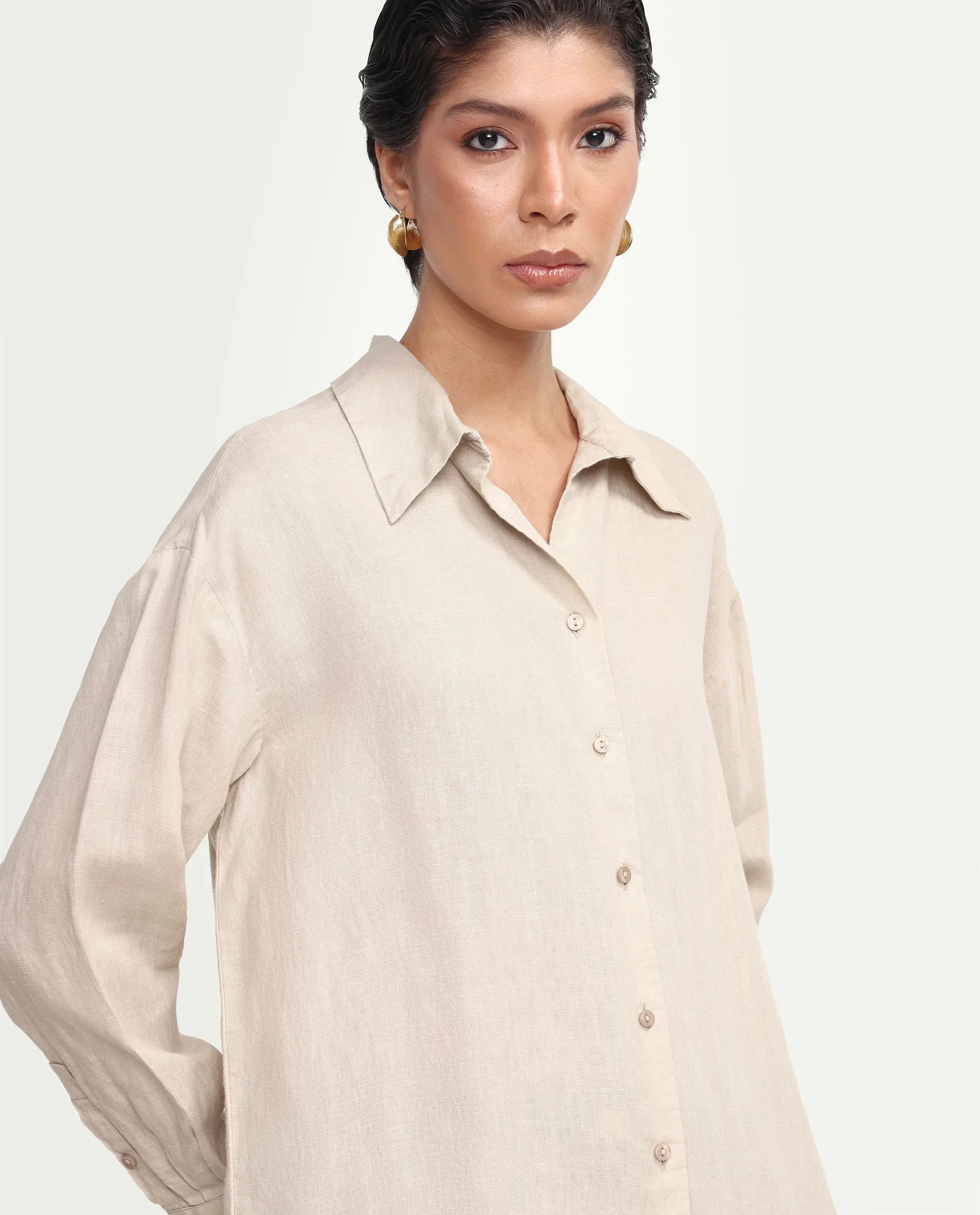 Rareism Women's Uganda Beige Linen Fabric Spread Collar Regular Plain Shirt - Image 4