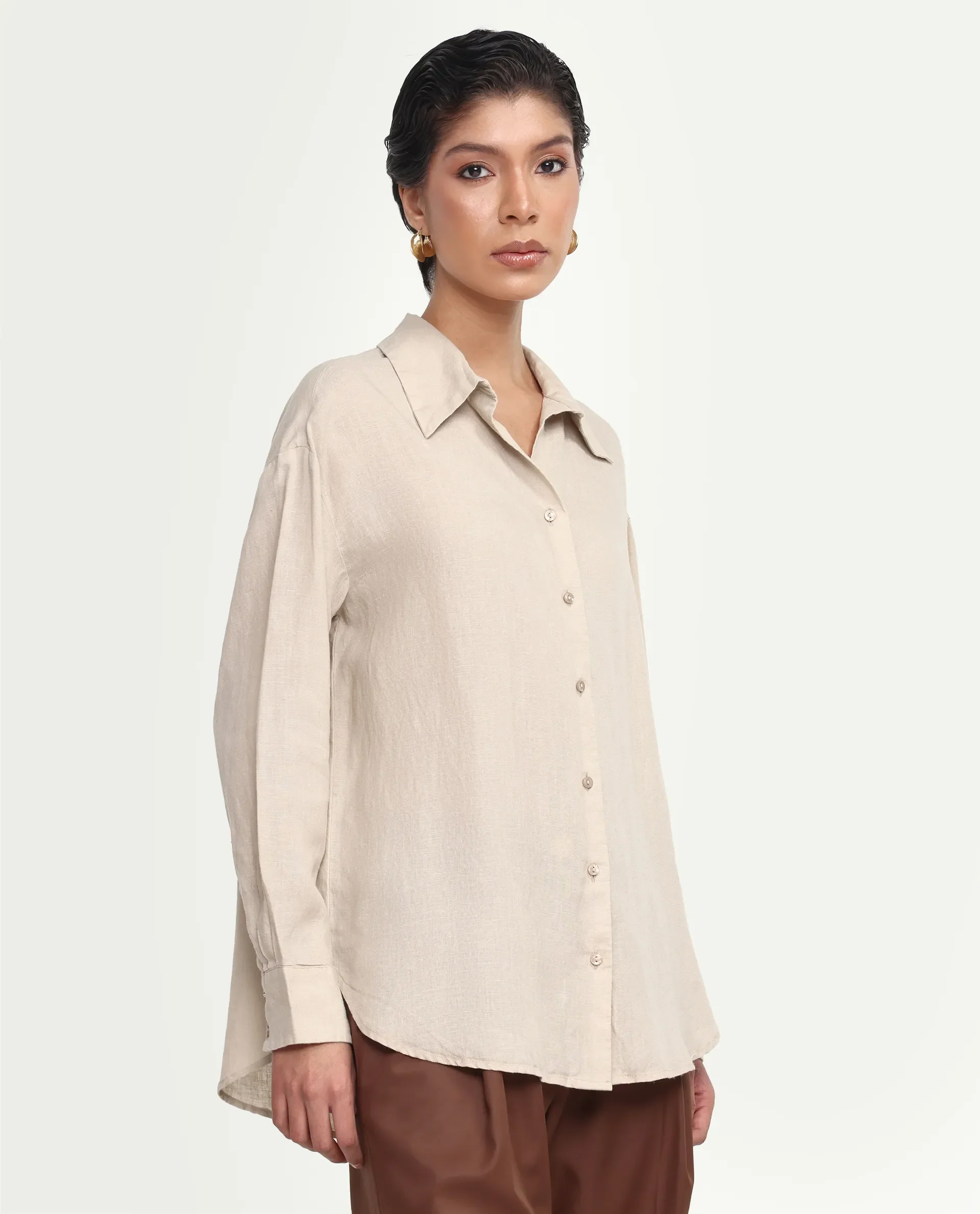 Rareism Women's Uganda Beige Linen Fabric Spread Collar Regular Plain Shirt - Image 5