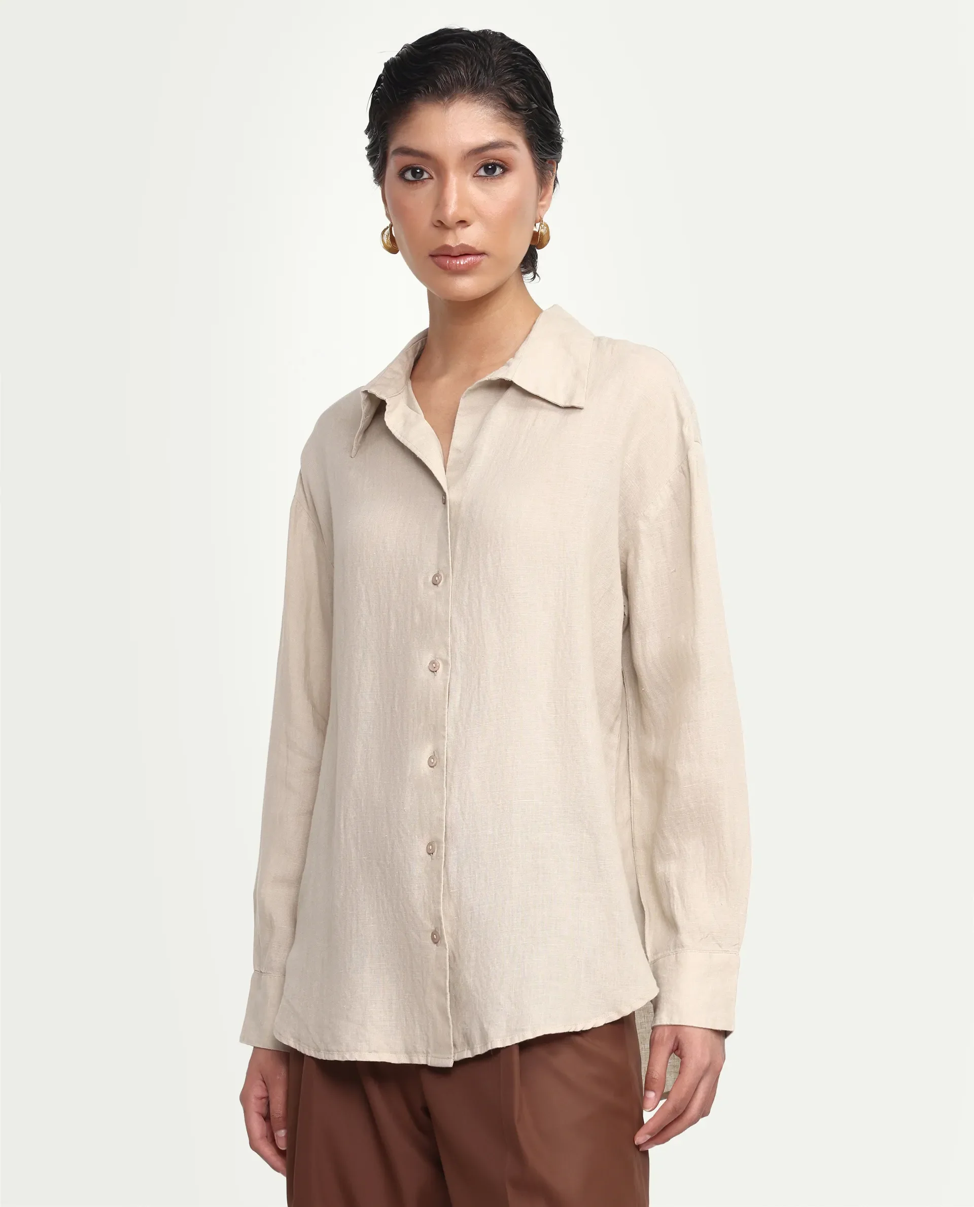 Rareism Women's Uganda Beige Linen Fabric Spread Collar Regular Plain Shirt - Image 6