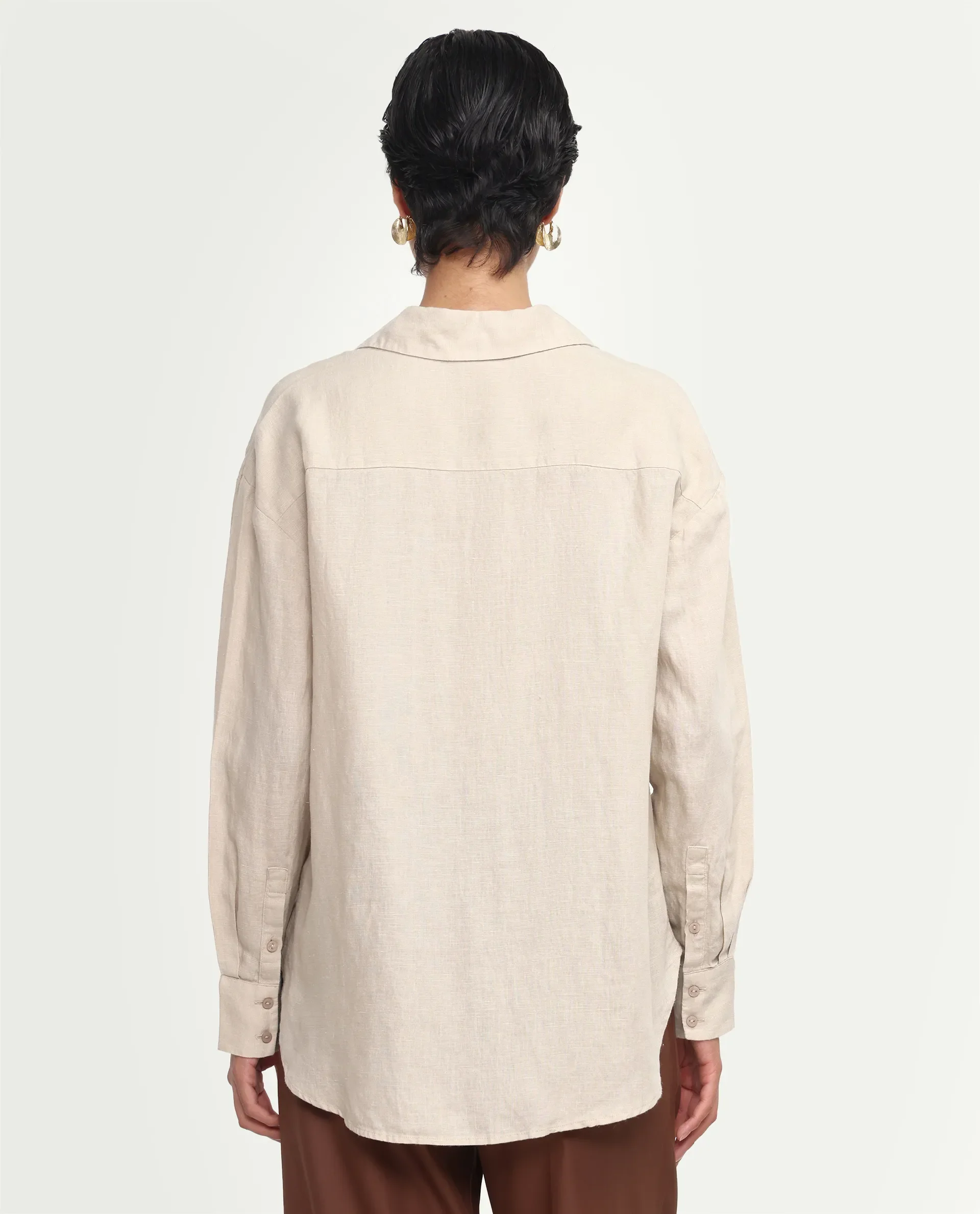 Rareism Women's Uganda Beige Linen Fabric Spread Collar Regular Plain Shirt - Image 7