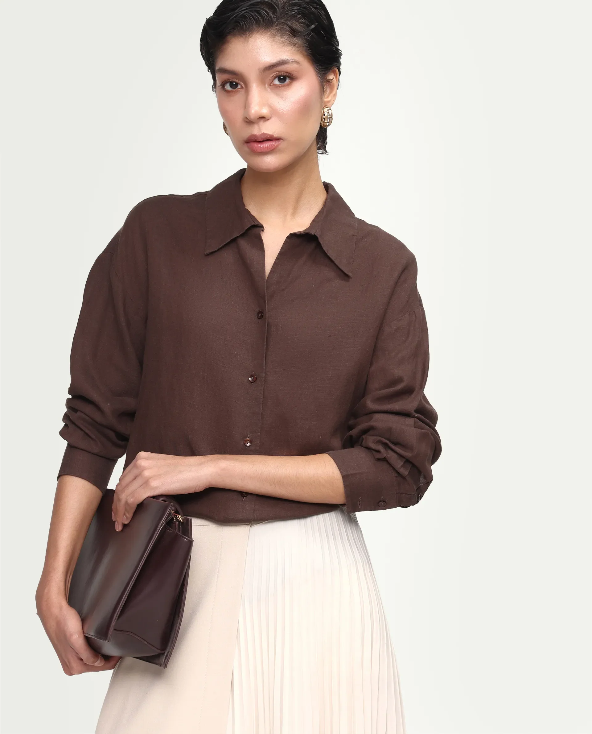 Rareism Women's Uganda Brown Linen Fabric Spread Collar Regular Plain Shirt