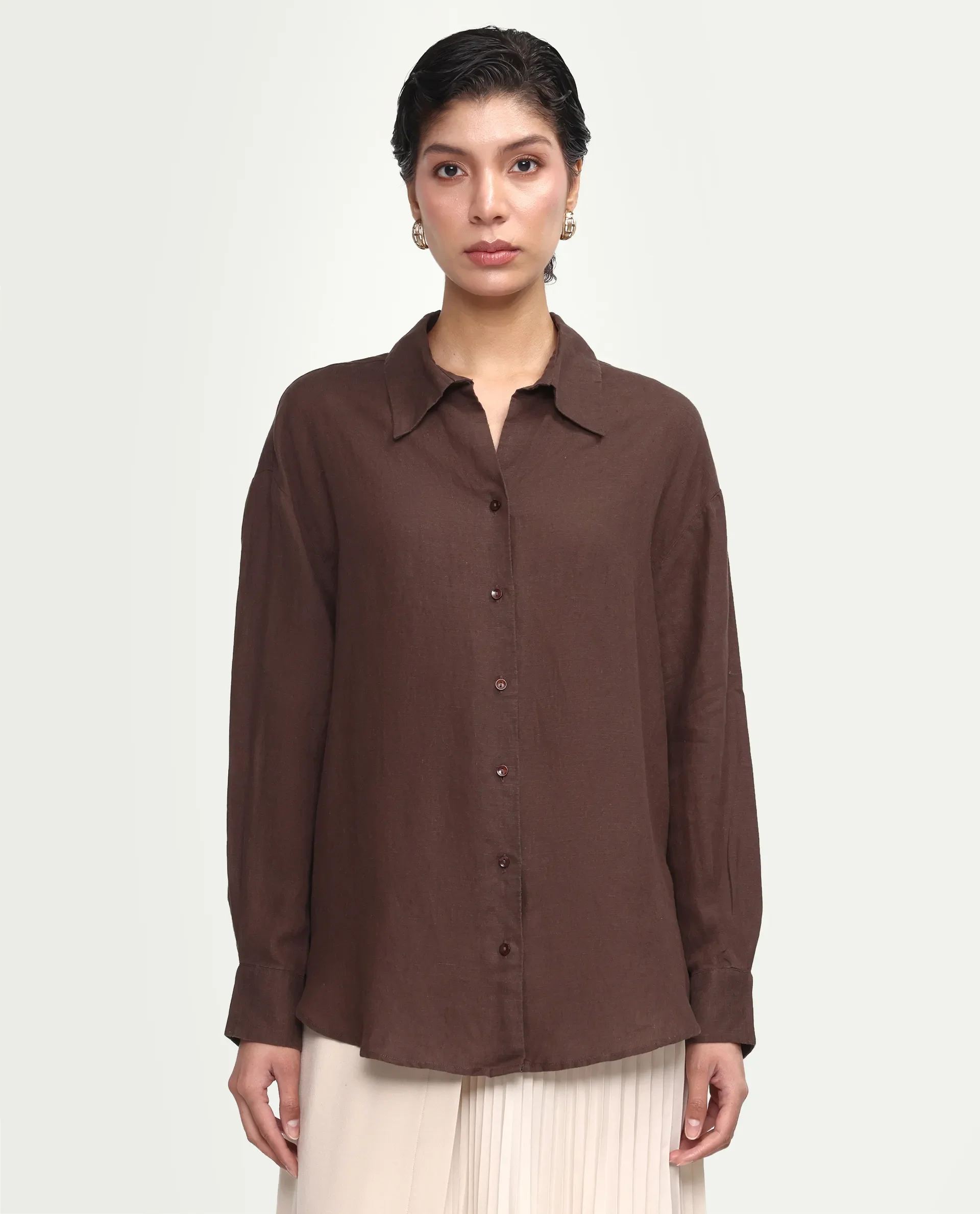 Rareism Women's Uganda Brown Linen Fabric Spread Collar Regular Plain Shirt - Image 3